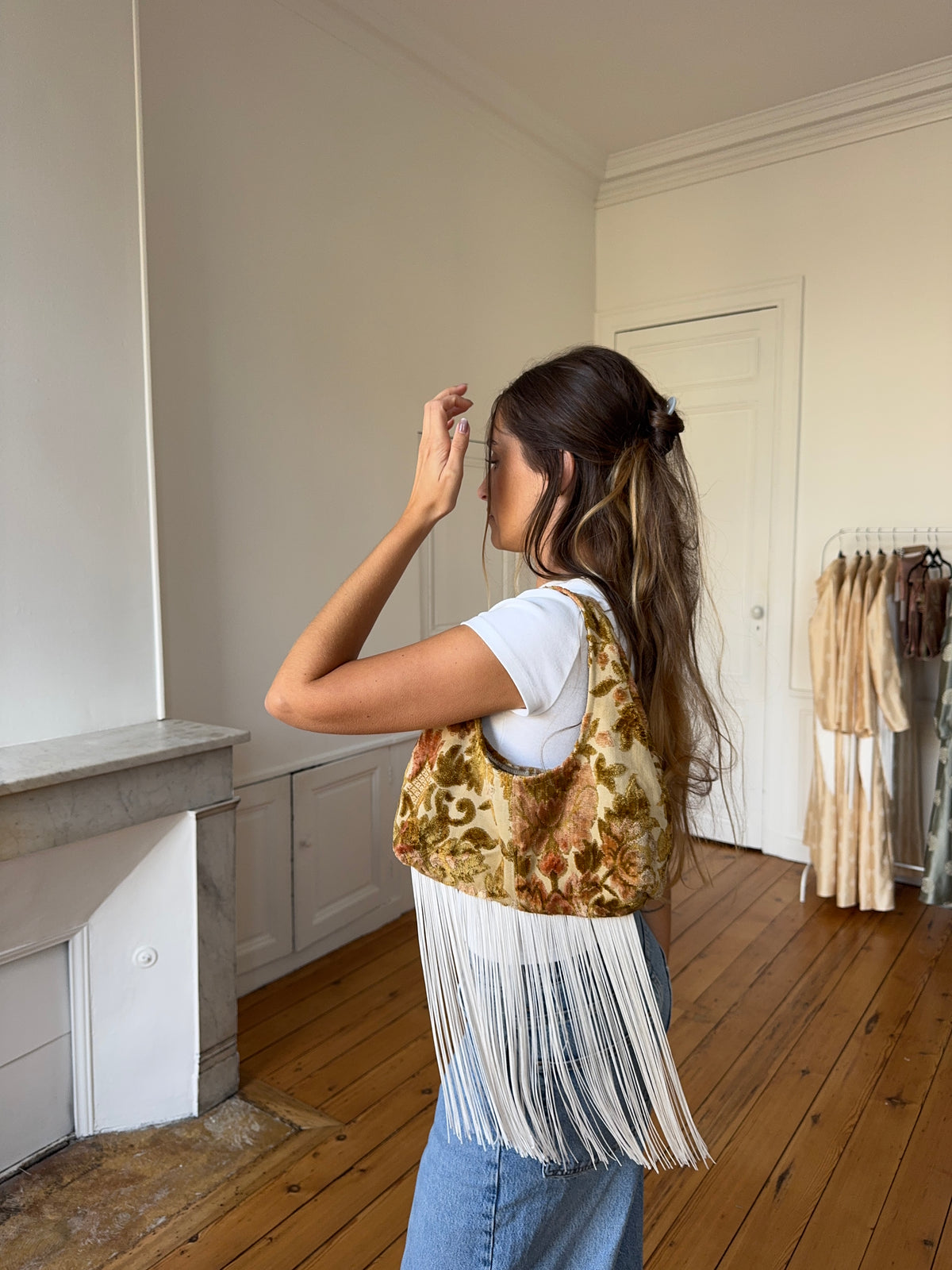 Sac upcyclé à motifs et franges