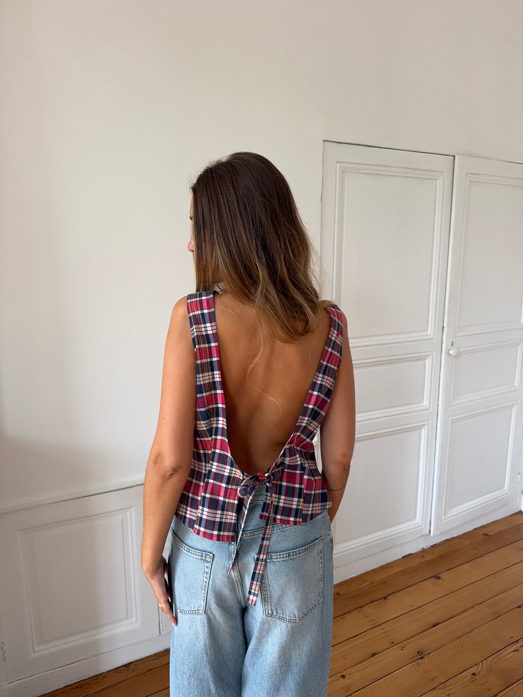 Top dos nu upcyclé à carreaux - L
