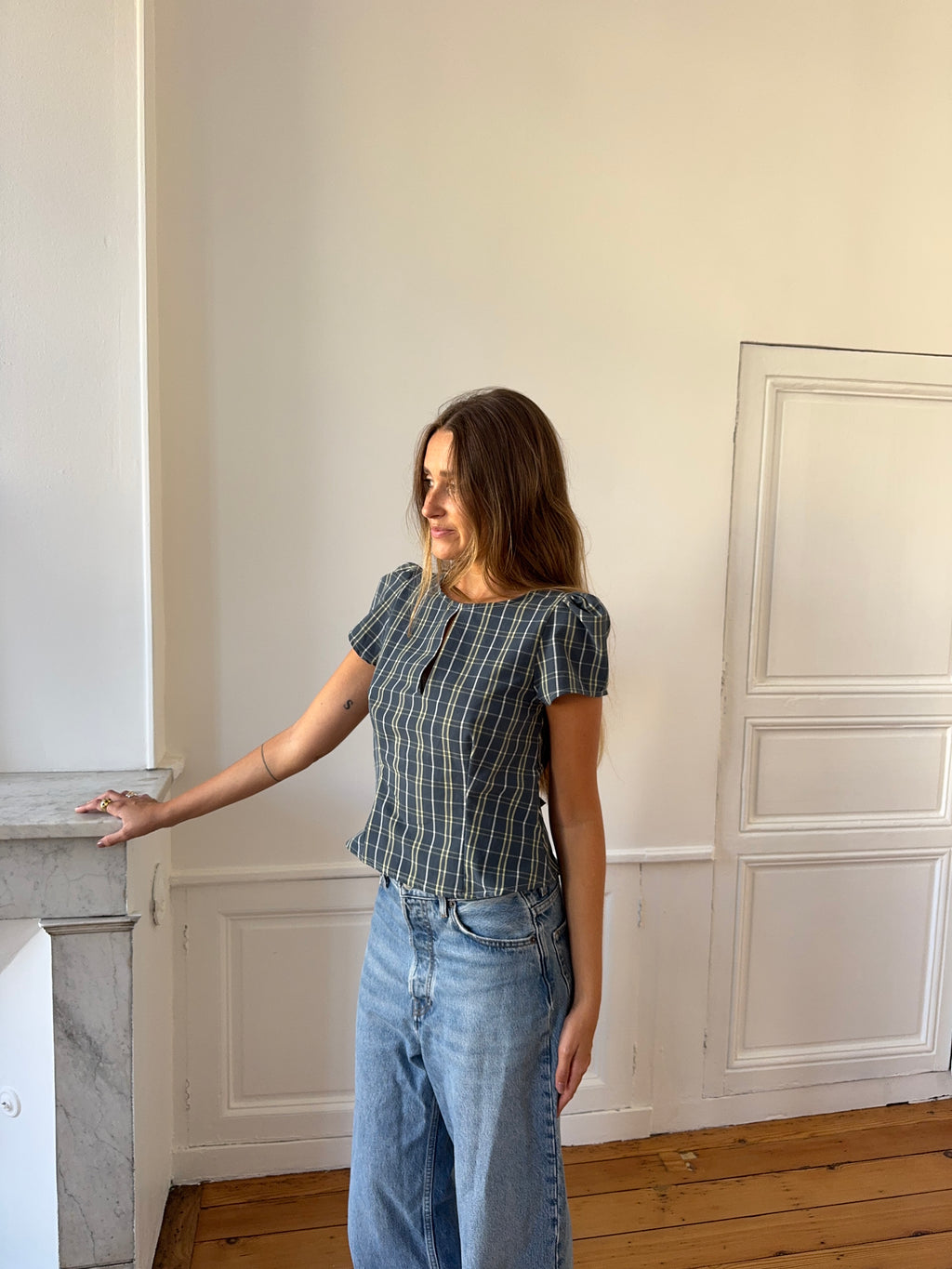 Top dos nu upcyclé à carreaux - L