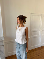 Top dos nu upcyclé blanc à carreaux - L