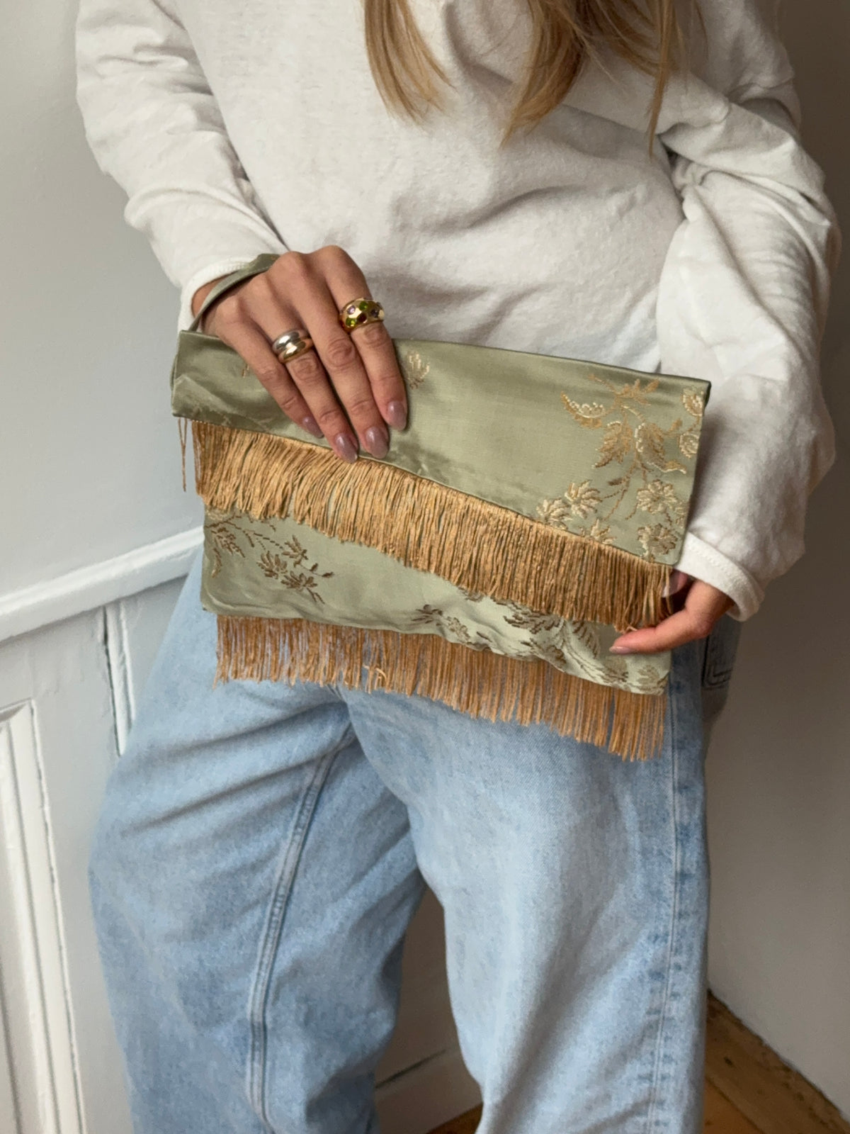 Cream satin upcycled pouch with fringe