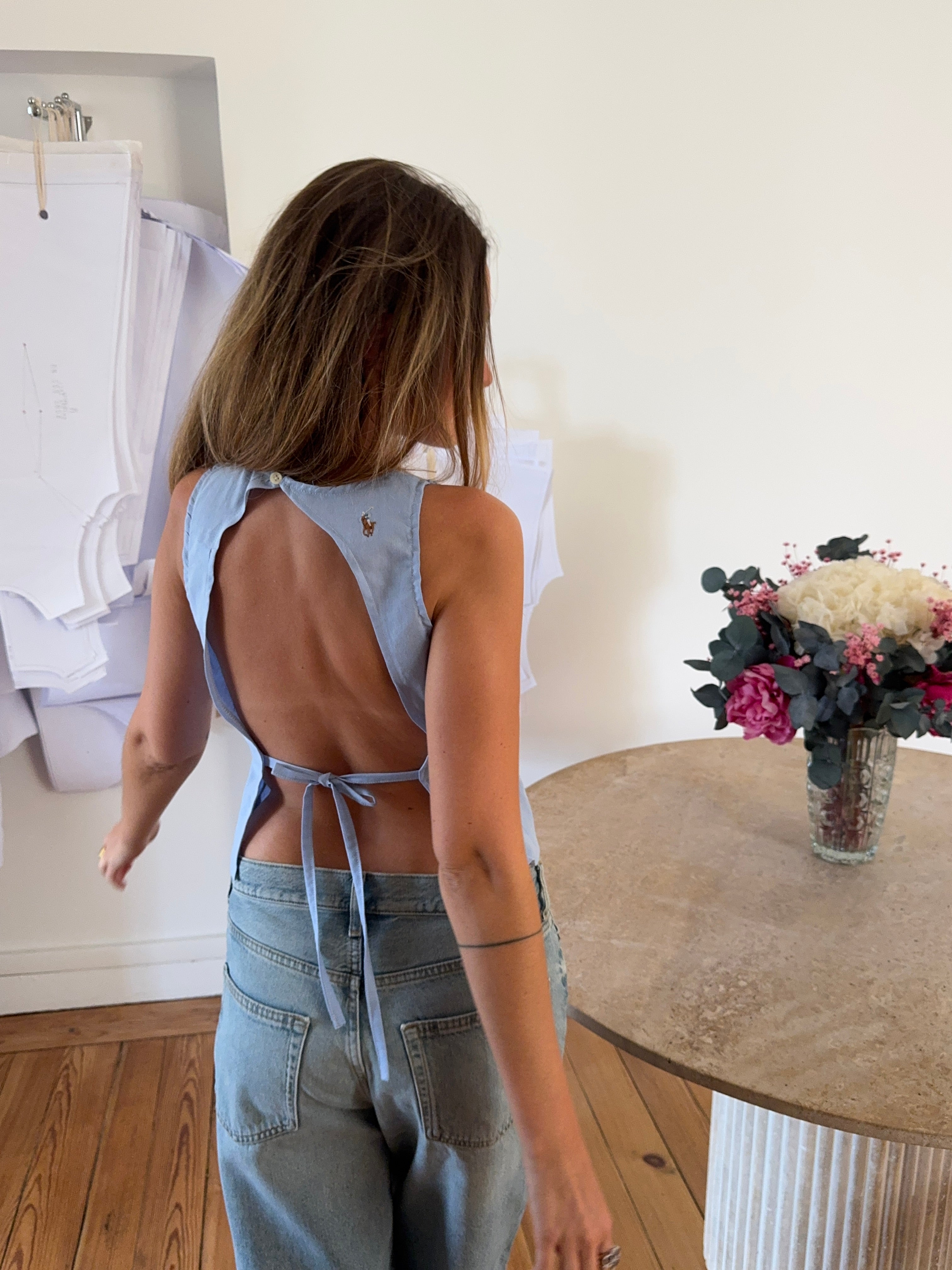 Top dos nu upcyclé bleu clair