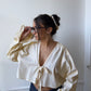 Chemise upcyclée jaune à rayures blanches + chouchou