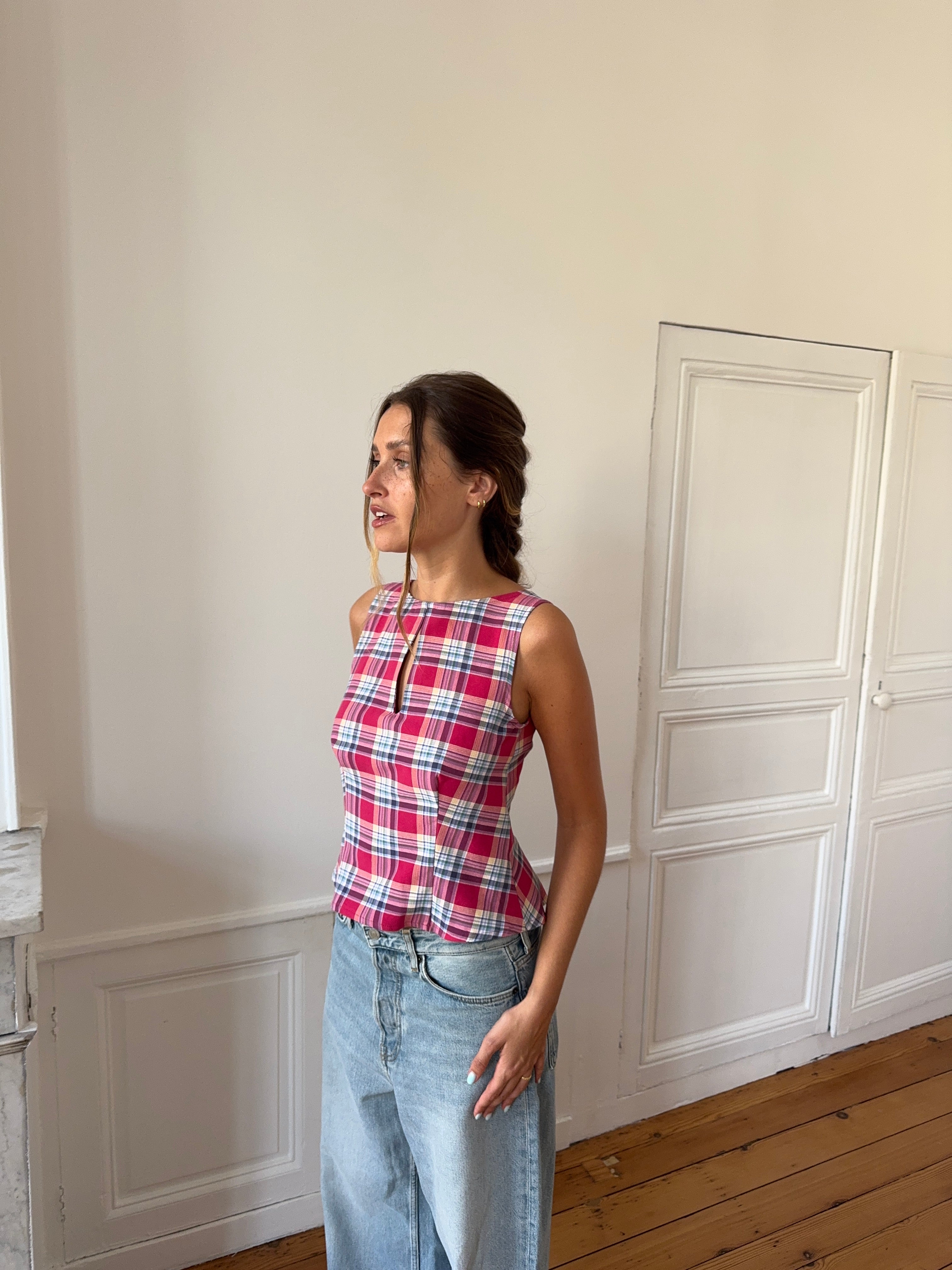 Top dos nu upcyclé à carreaux - S