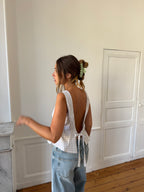 Top dos nu upcyclé blanc à carreaux - L