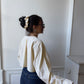 Chemise upcyclée jaune à rayures blanches + chouchou