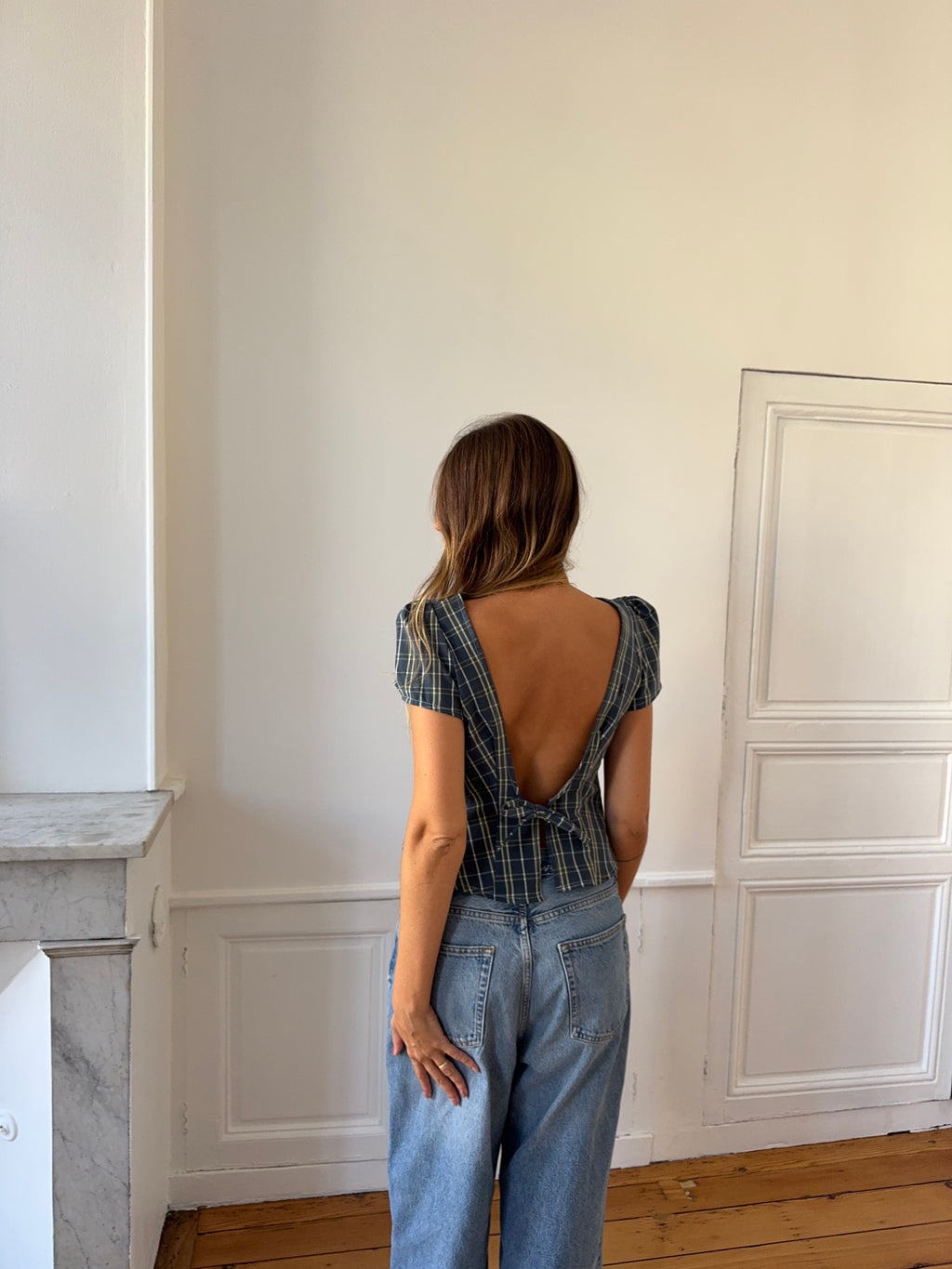 Top dos nu upcyclé à carreaux - L