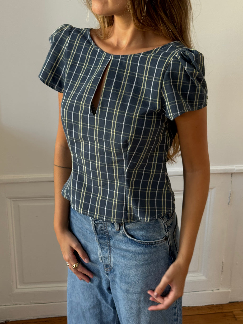 Top dos nu upcyclé à carreaux - L