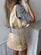 Sac upcyclé satiné crème et franges