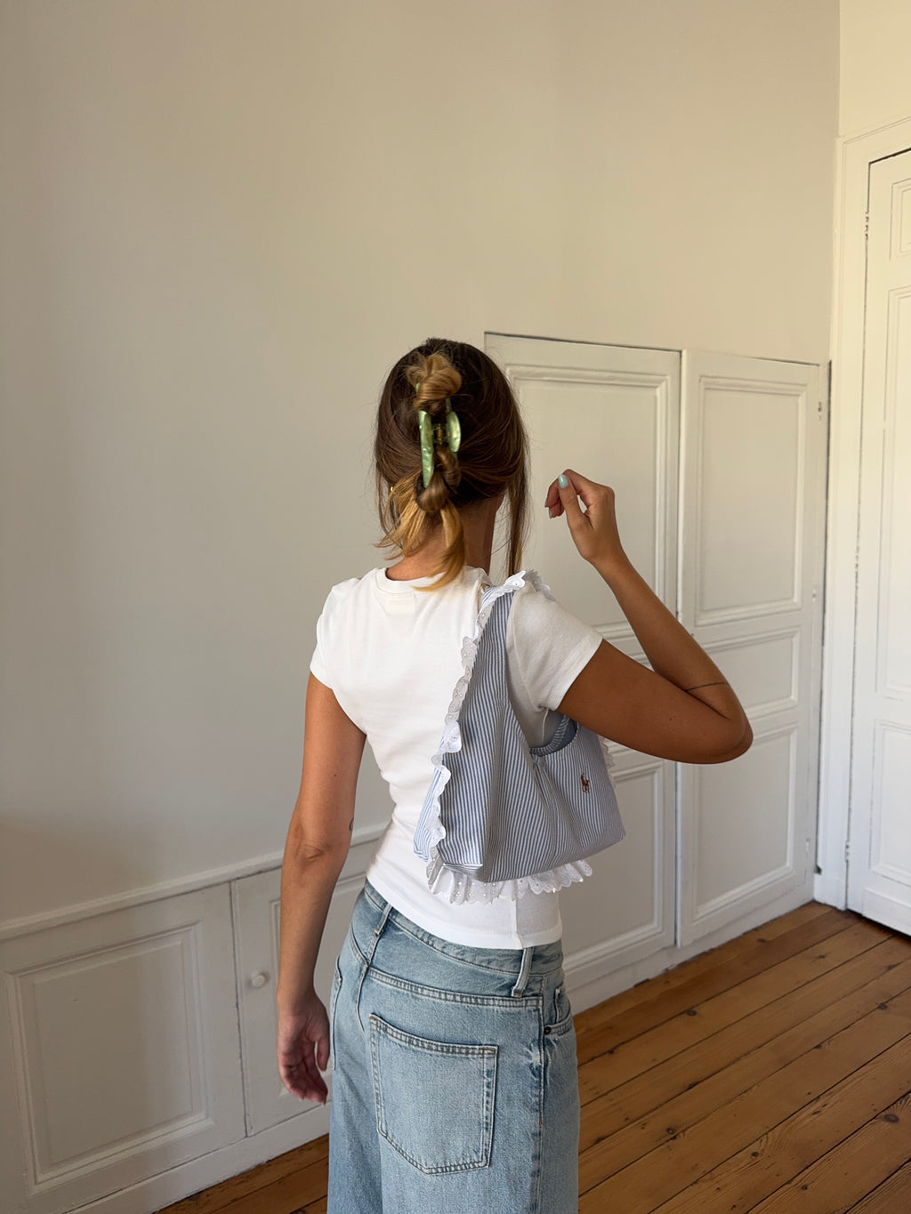 Sac upcyclé rayé et dentelle