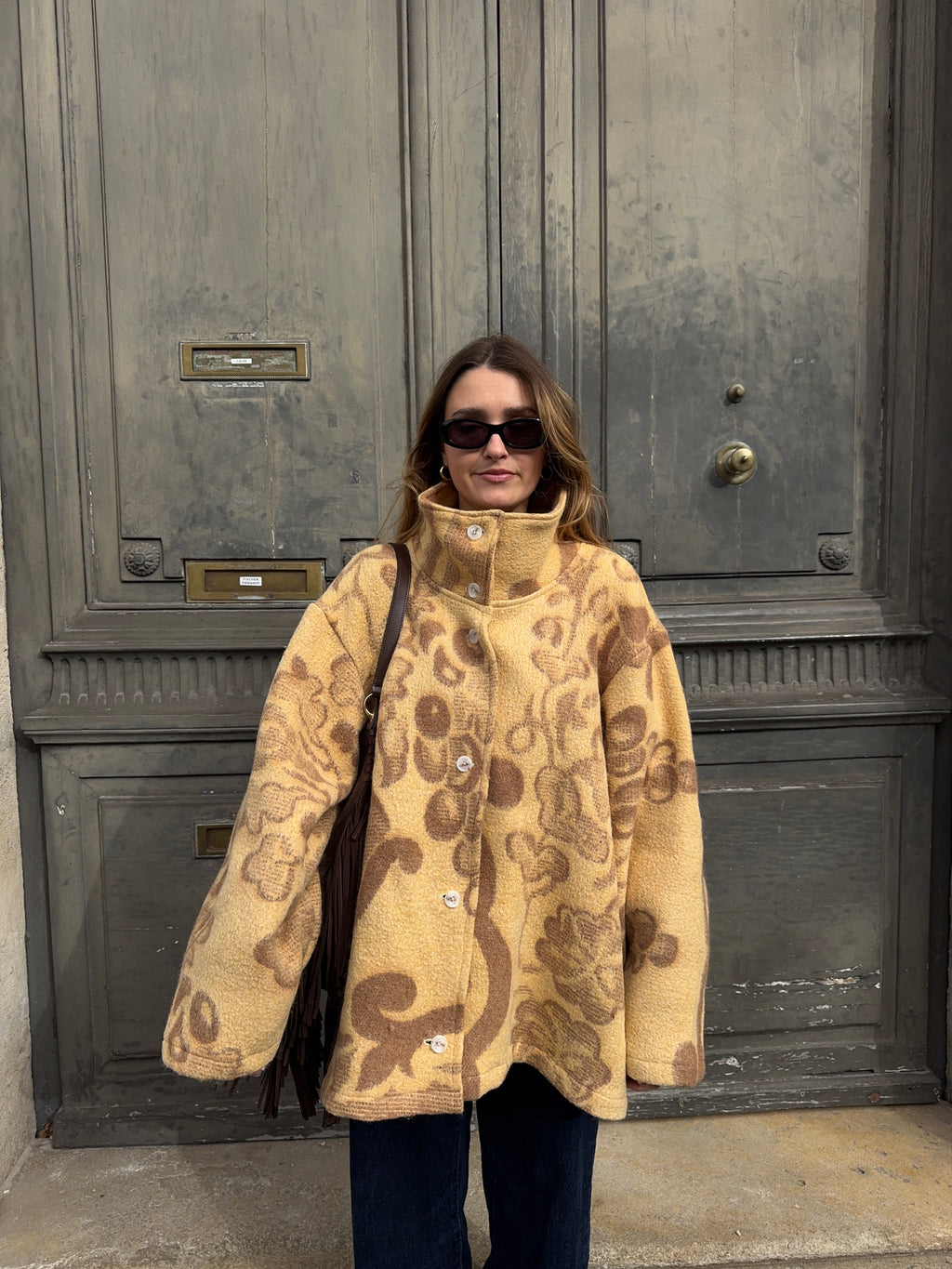 Manteau col montant upcyclé laine à motifs vintage