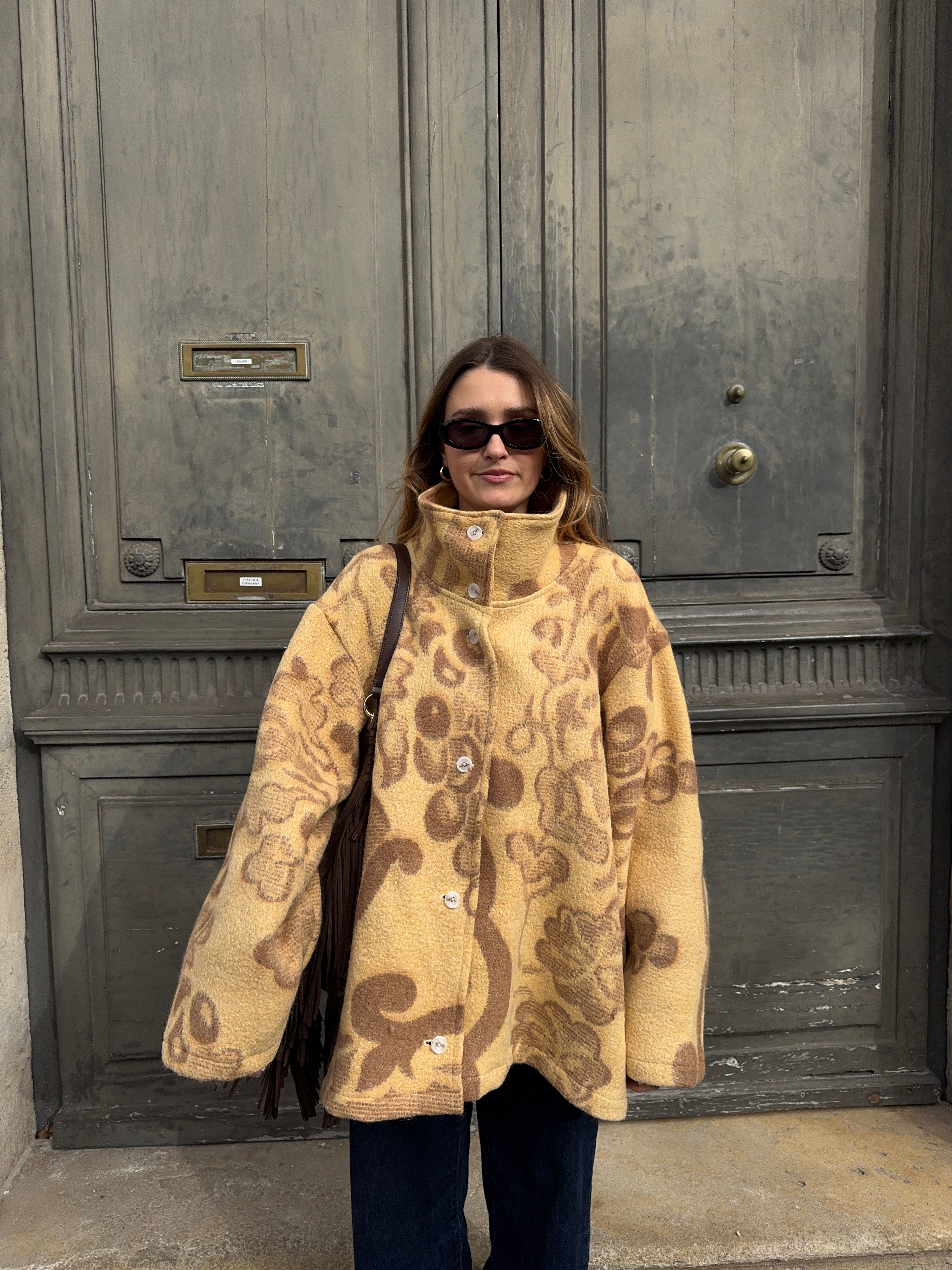 Manteau col montant upcyclé laine à motifs vintage
