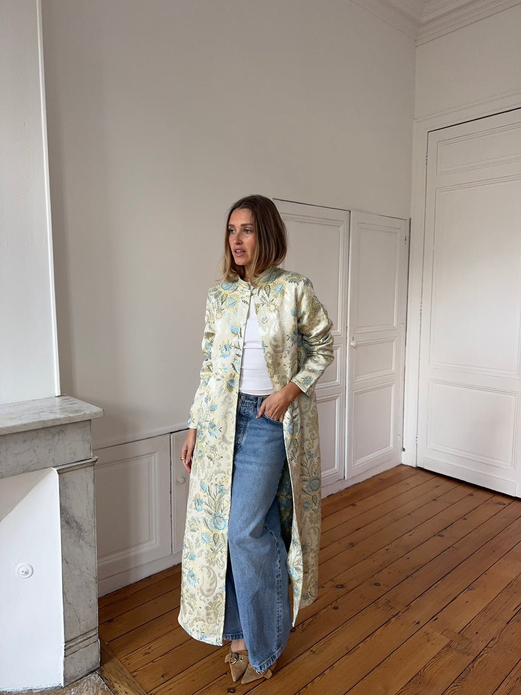 Veste longue upcyclée satinée à motifs - XS/S