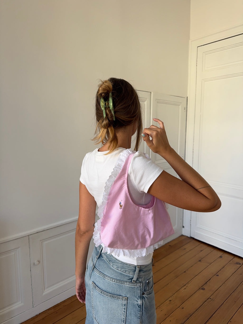 Sac upcyclé rose et dentelle