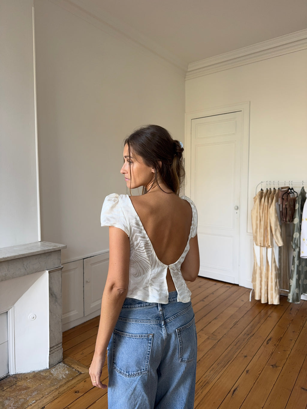 Gold satin upcycled backless top - XS