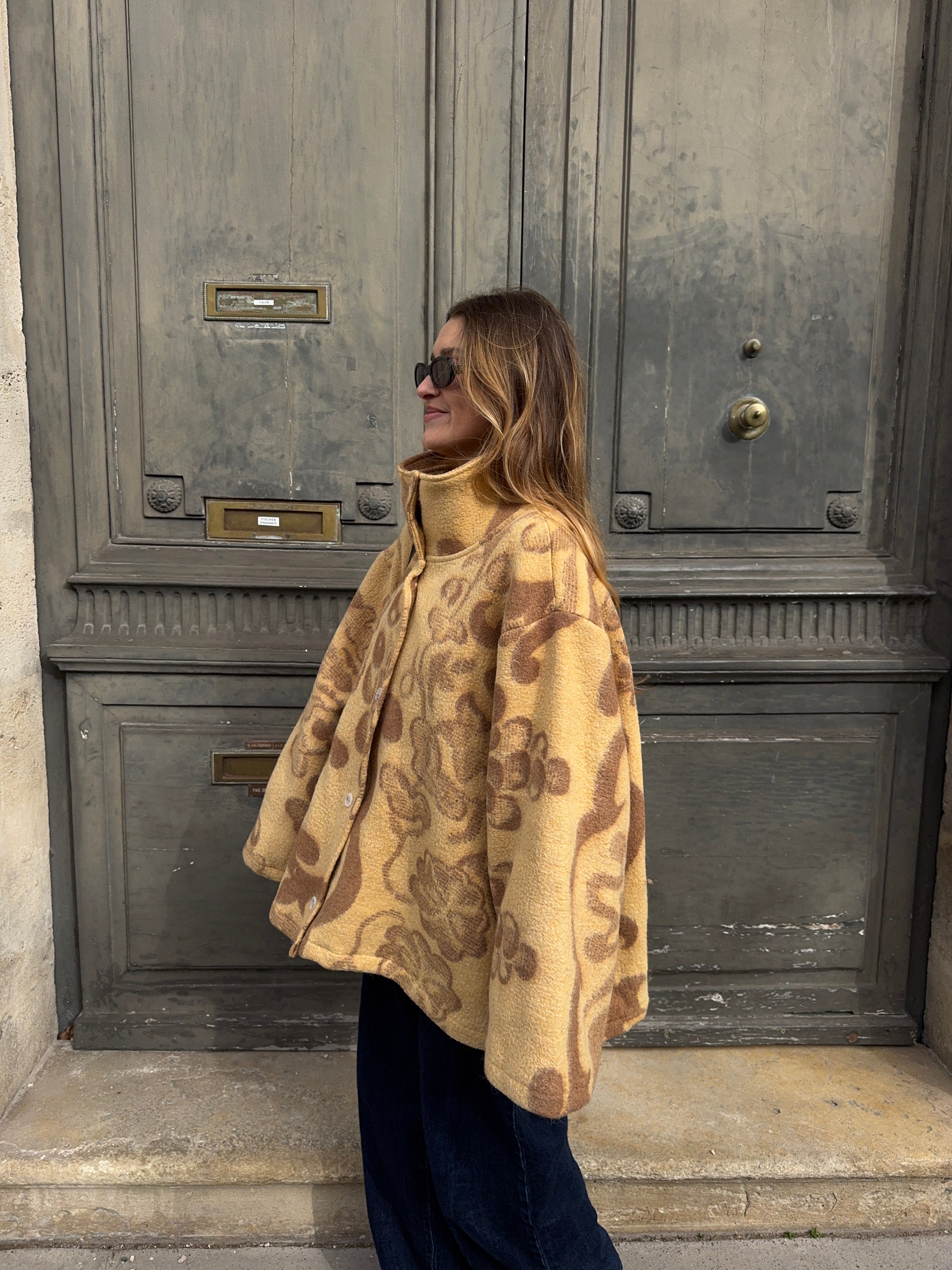 Manteau col montant upcyclé laine à motifs vintage