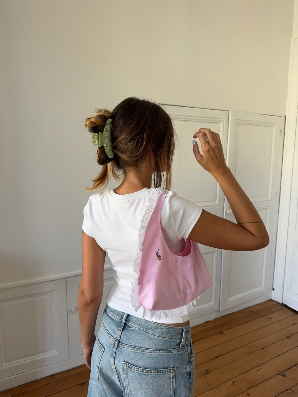 Sac upcyclé rose et dentelle