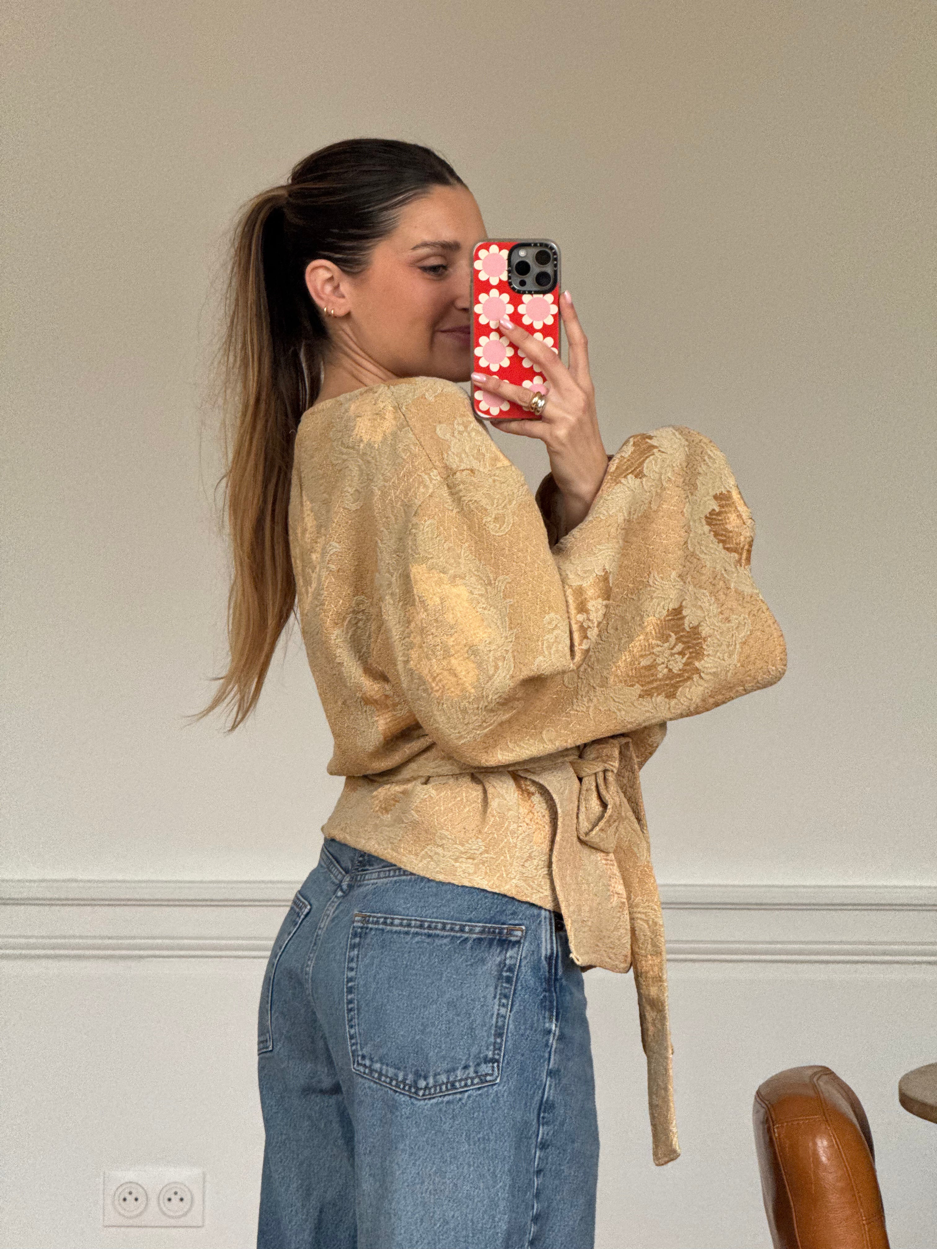 Kimono upcyclé orangé à motifs vintage