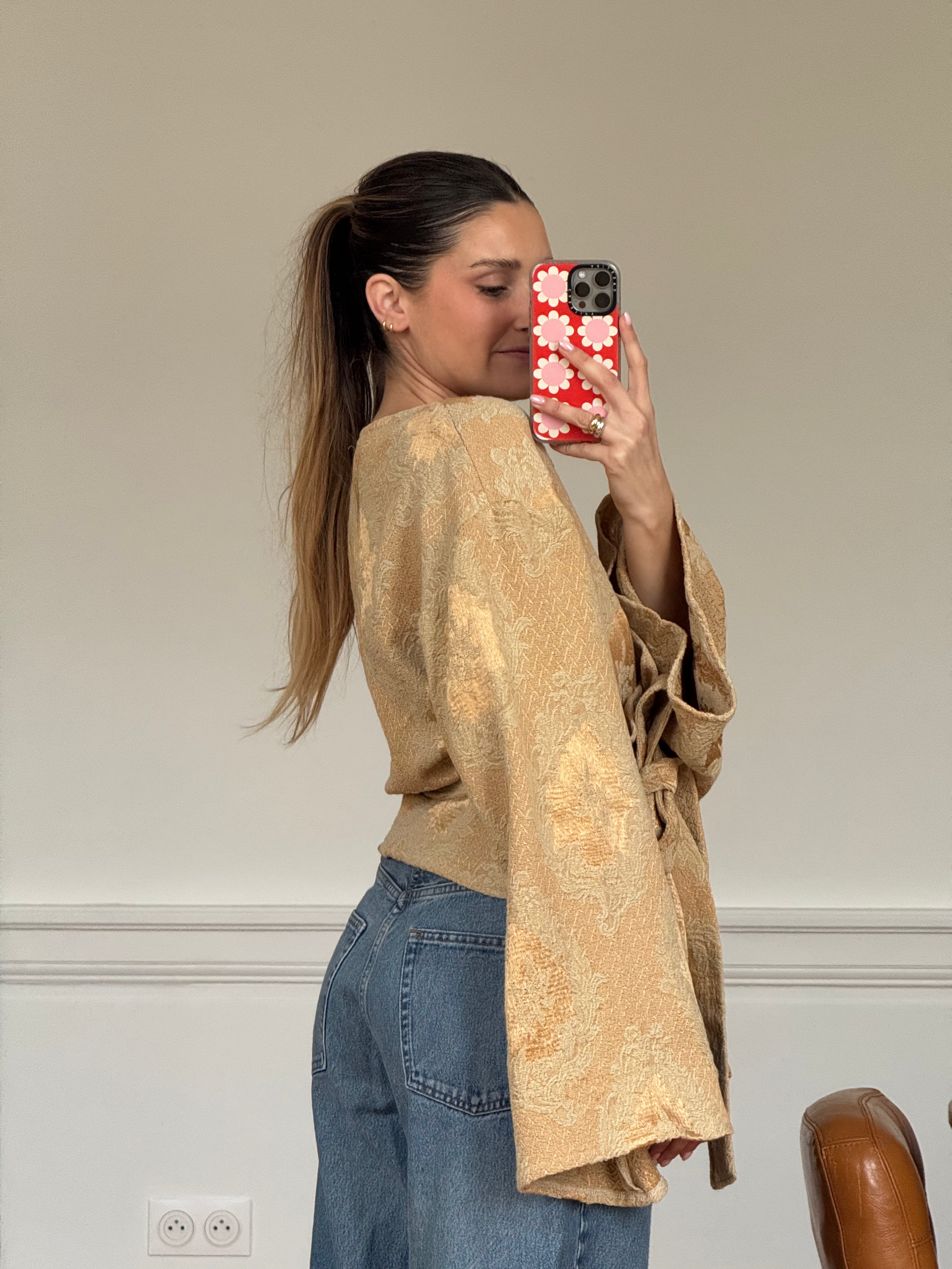 Kimono upcyclé orangé à motifs vintage