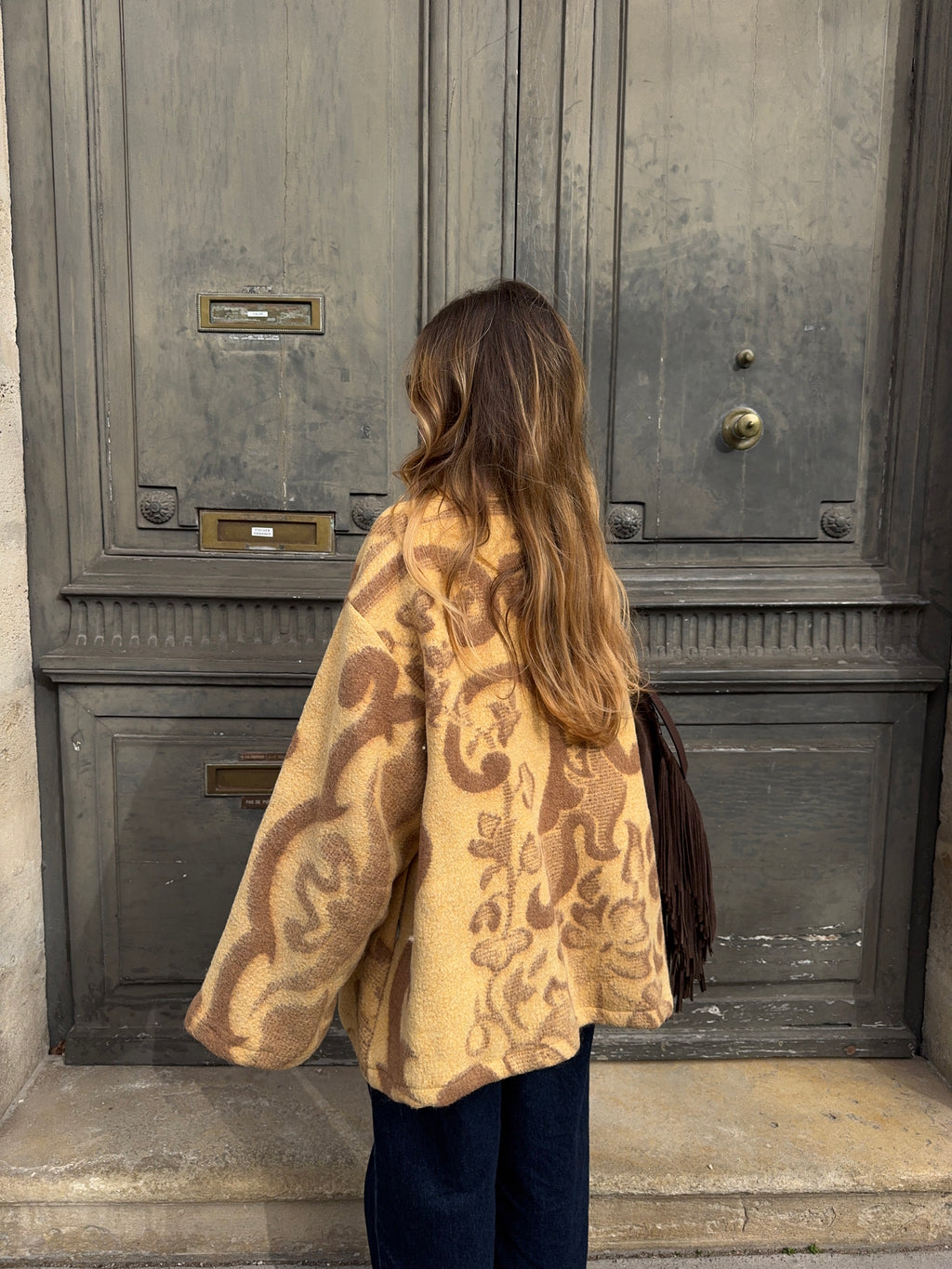 Manteau col montant upcyclé laine à motifs vintage