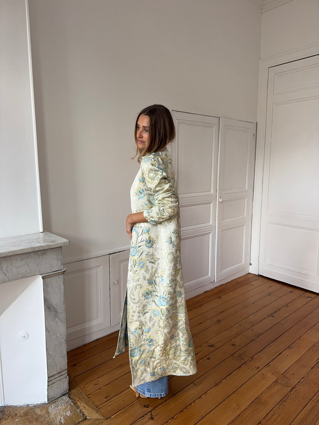 Veste longue upcyclée satinée à motifs - XS/S
