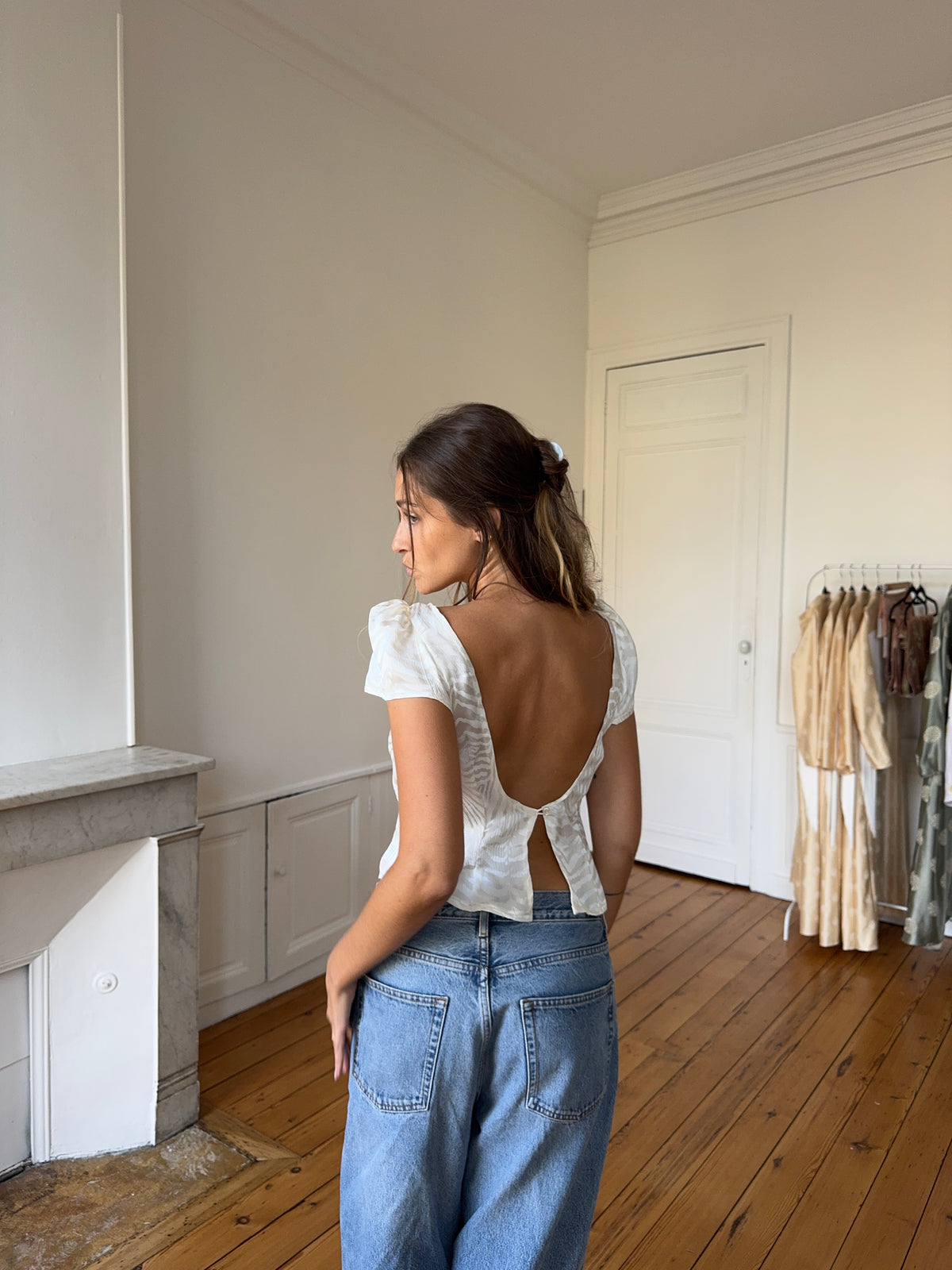 Gold satin upcycled backless top - XS