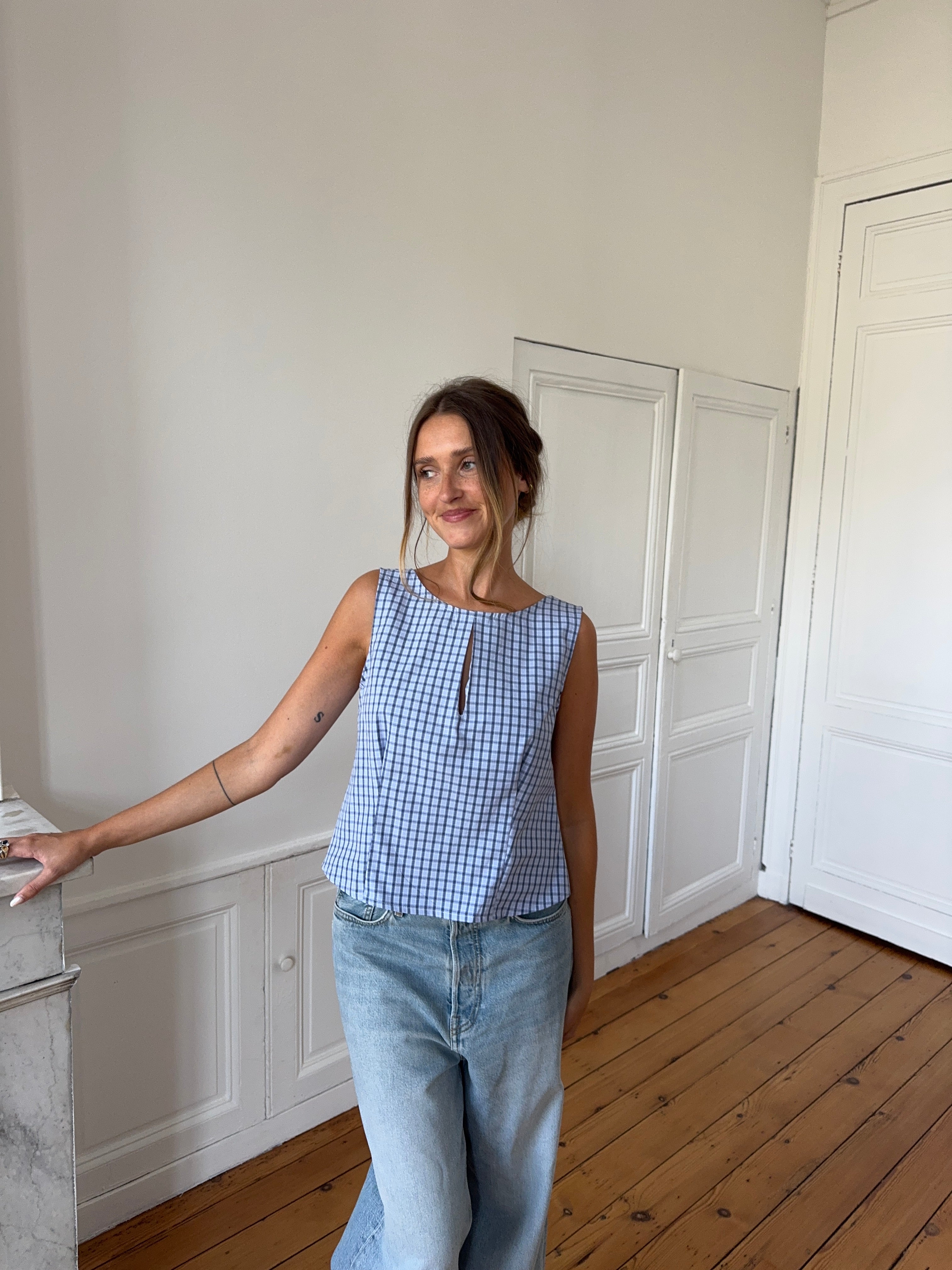 Top dos nu upcyclé à carreaux - XL