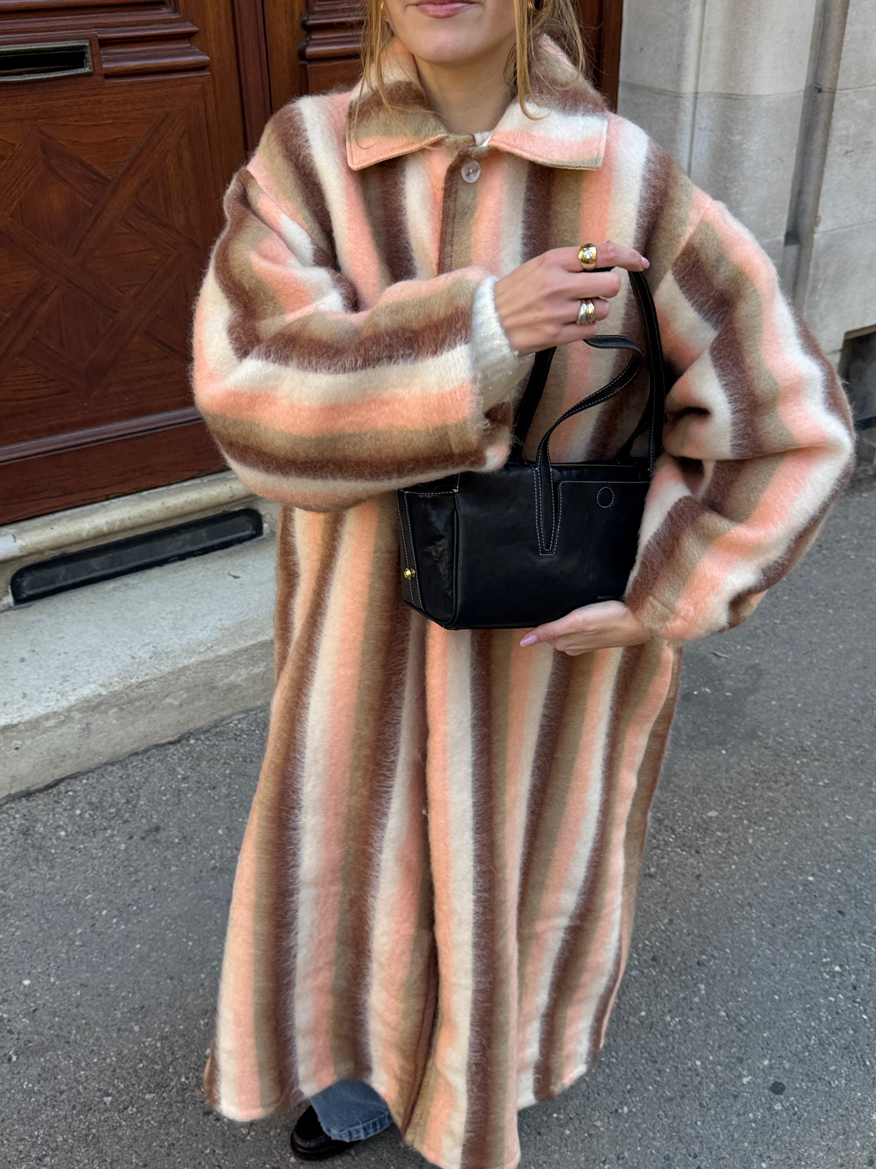 Manteau long upcyclé laine à rayures colorées