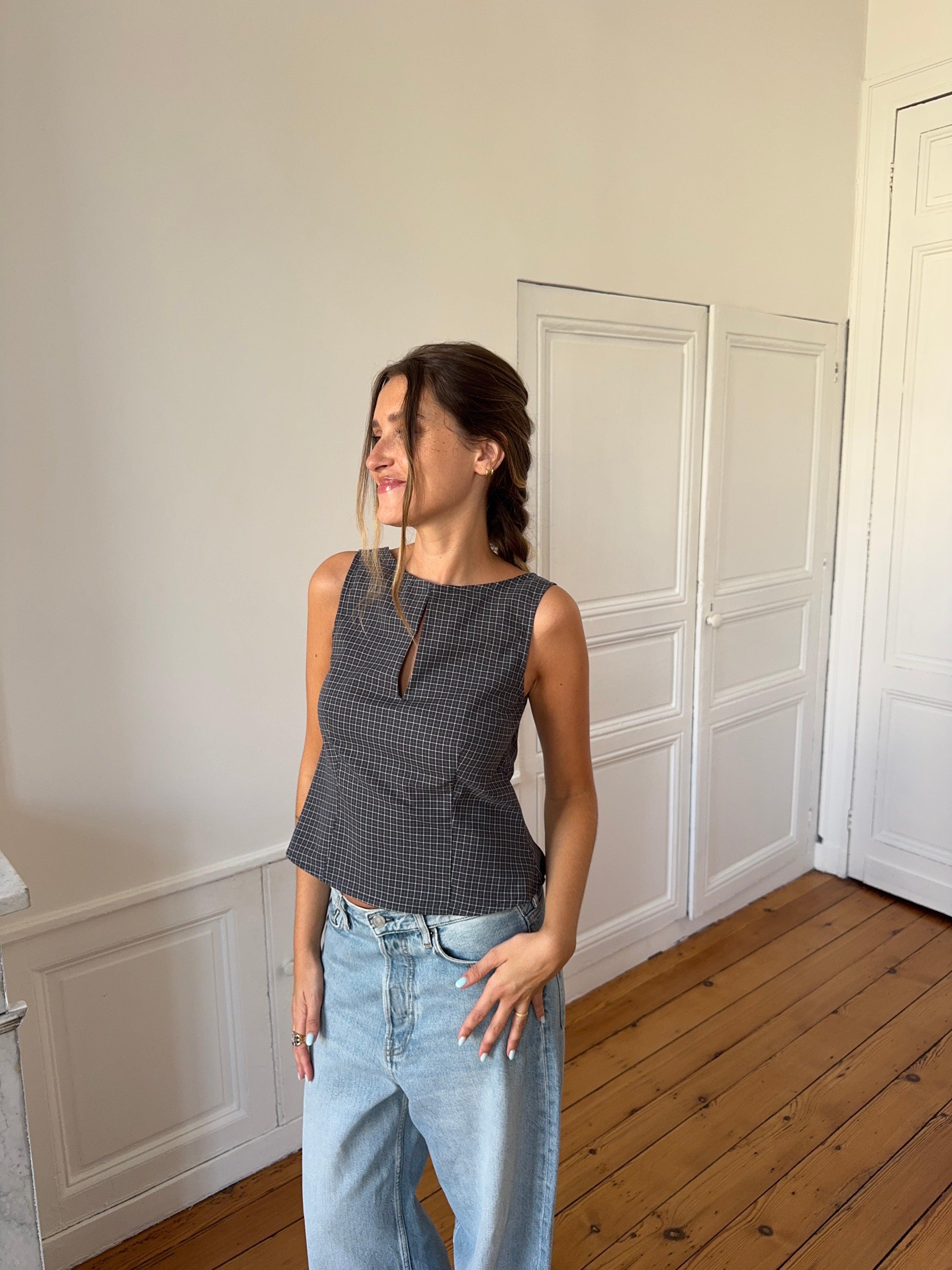 Top dos nu upcyclé à carreaux - S