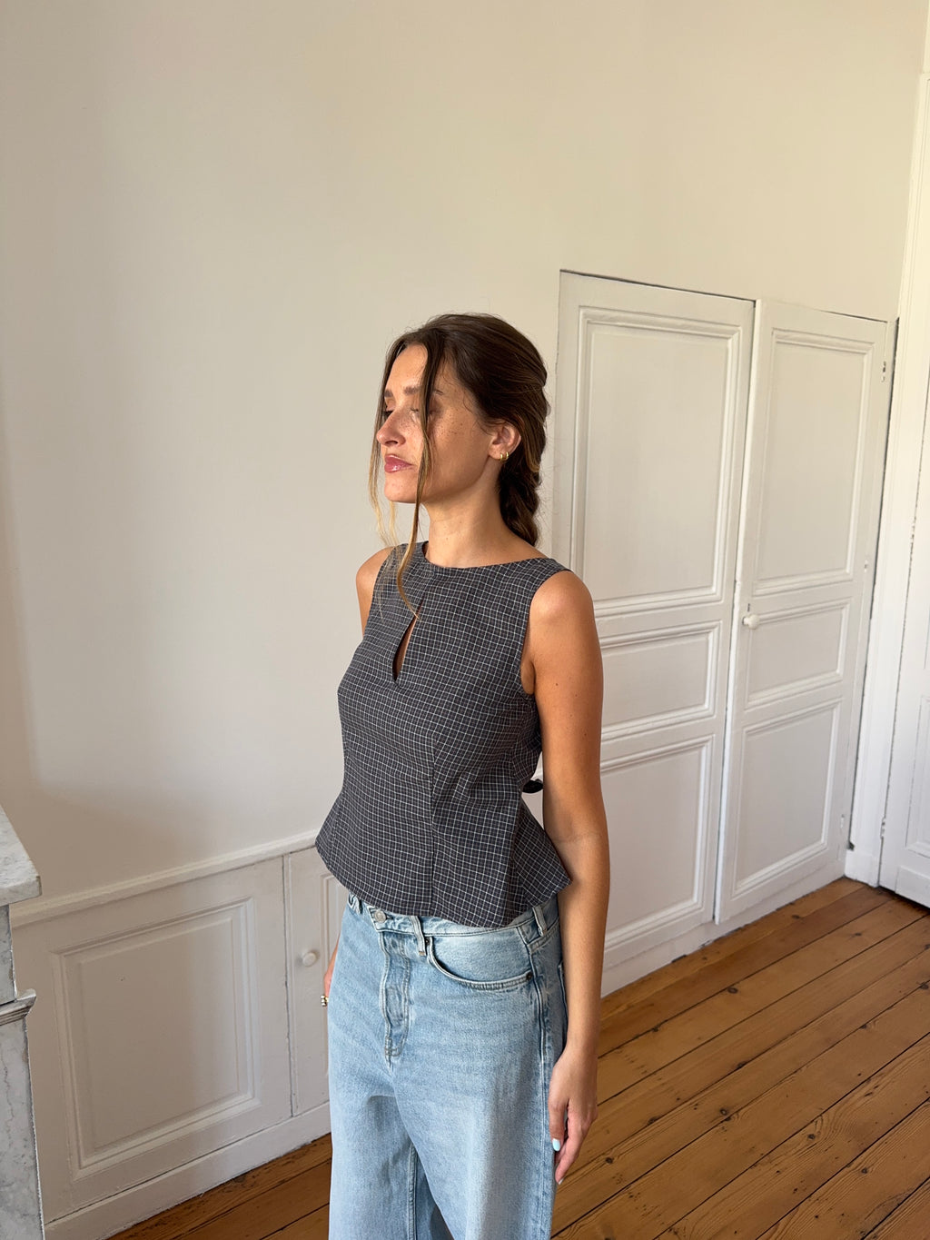Top dos nu upcyclé à carreaux - S