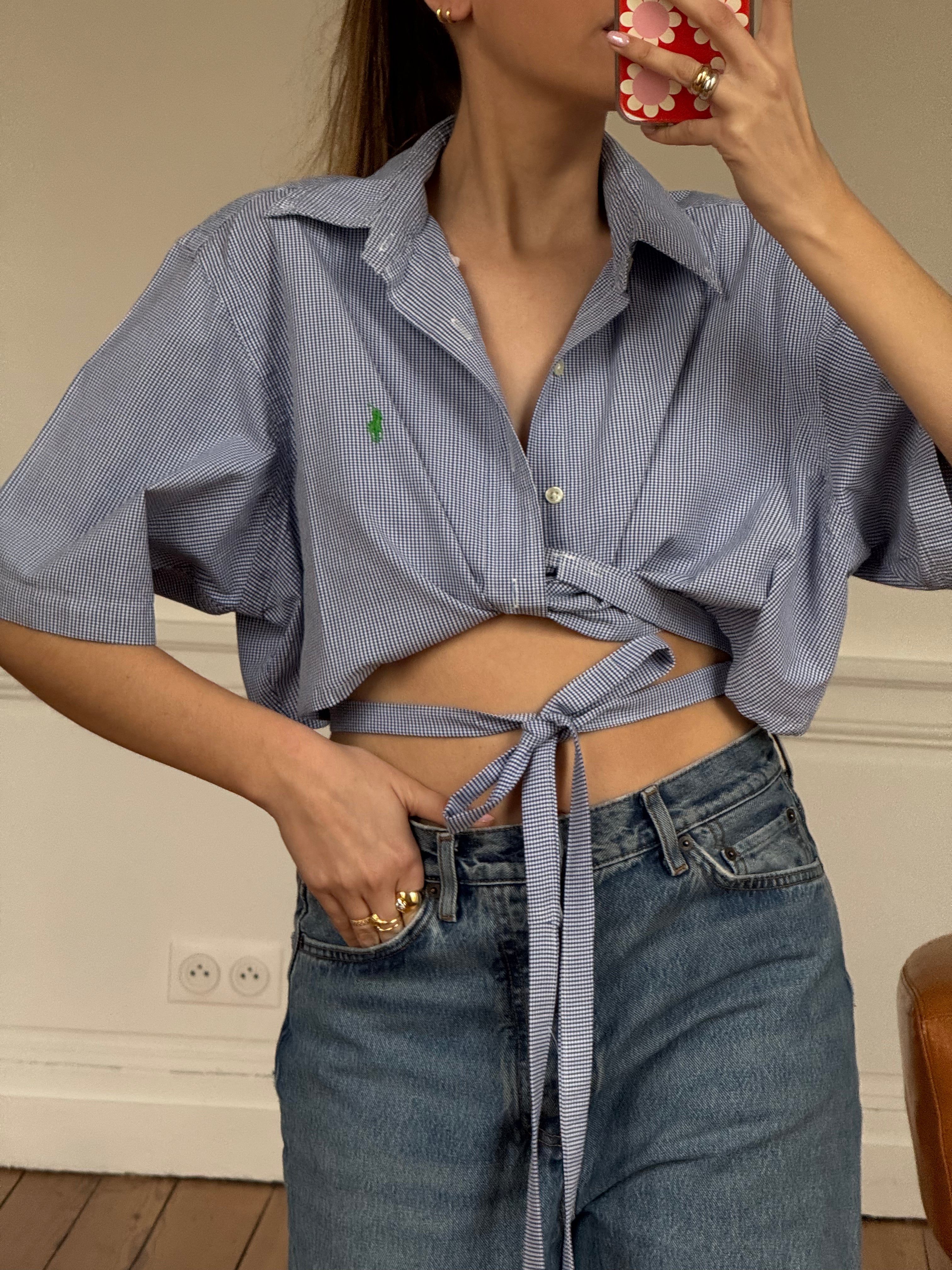 Chemisette upcyclée dos nu à petits carreaux bleus