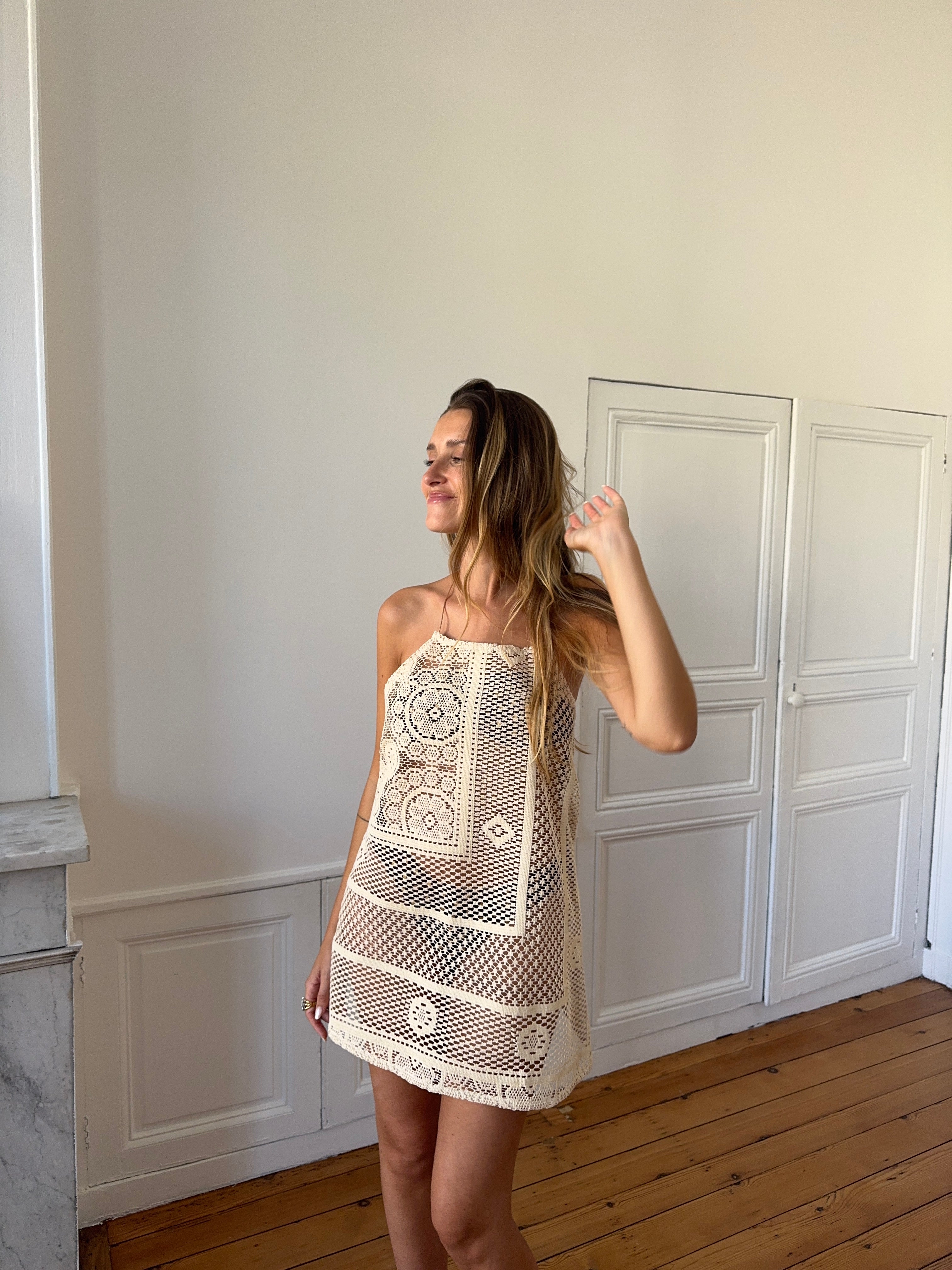 Robe plage dos nu upcyclée beige