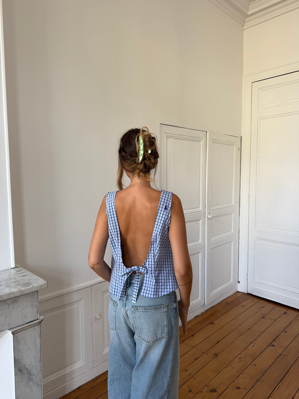 Top dos nu upcyclé à carreaux - XL