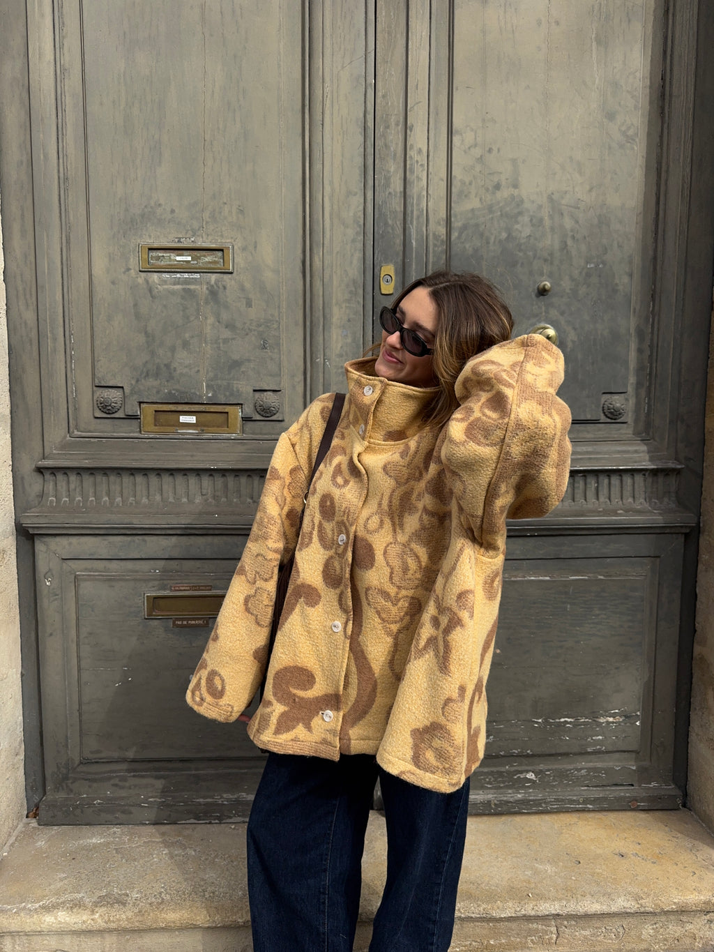 Manteau col montant upcyclé laine à motifs vintage