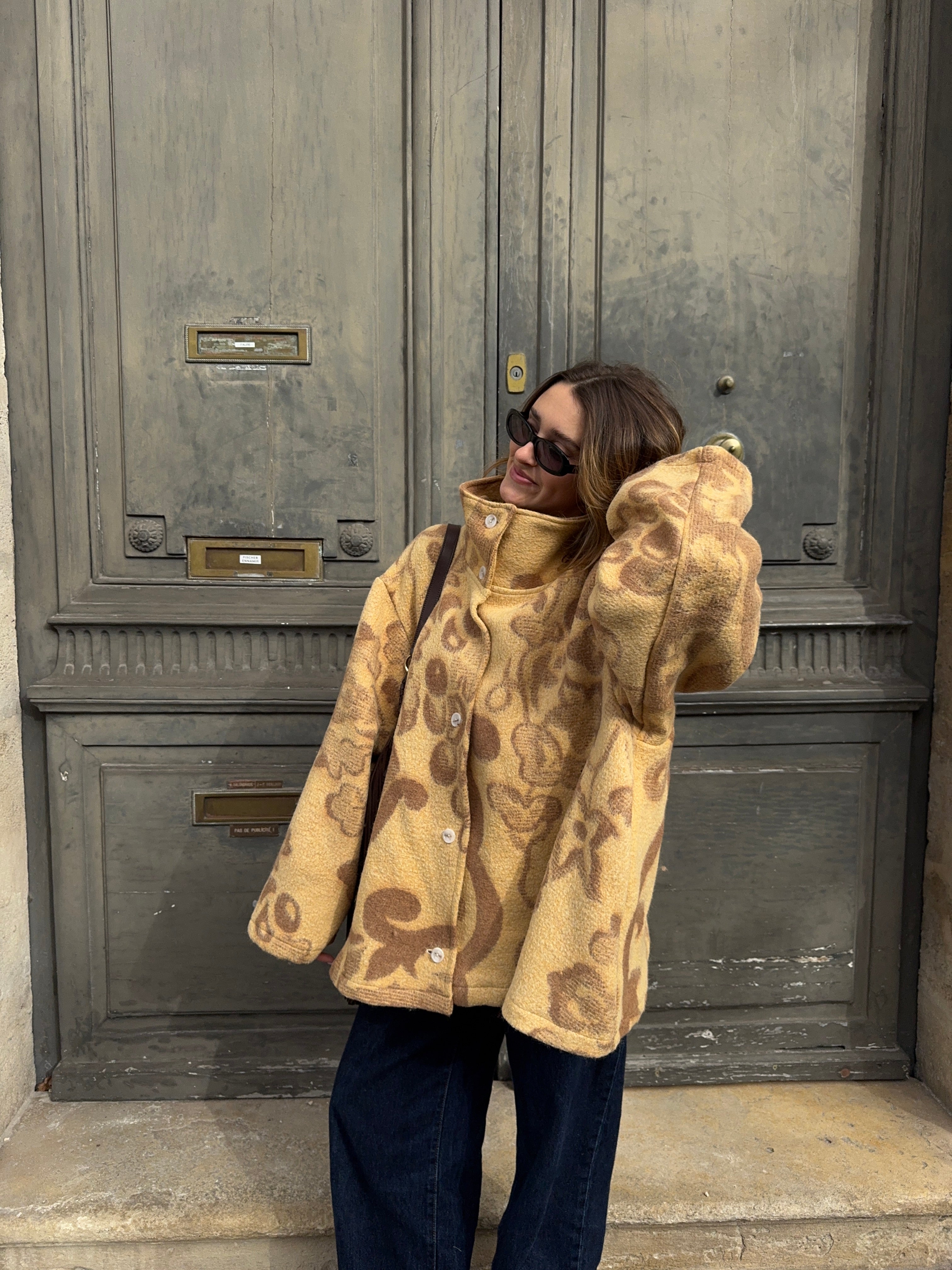 Manteau col montant upcyclé laine à motifs vintage