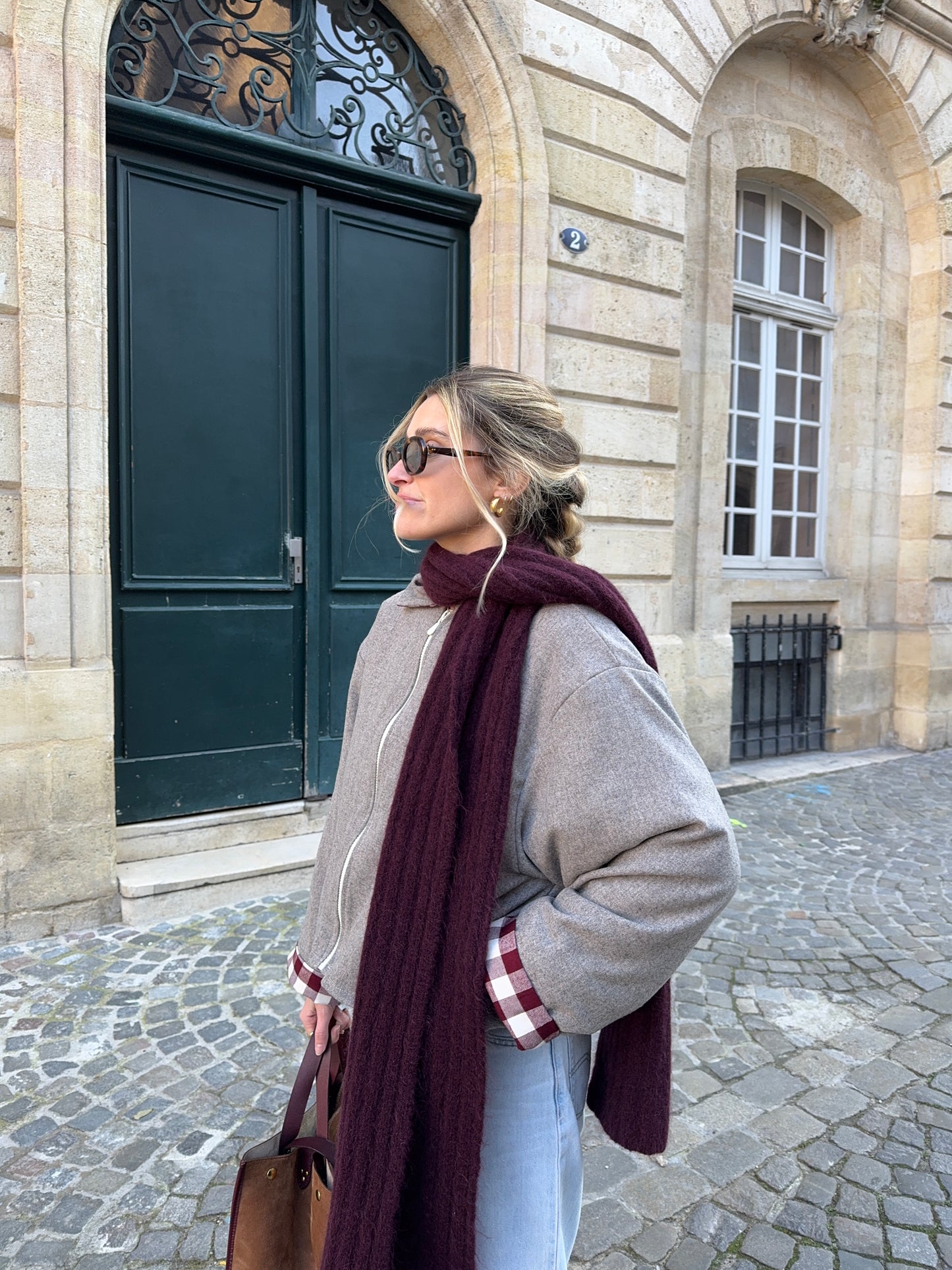 Veste laine taupe vichy bordeaux