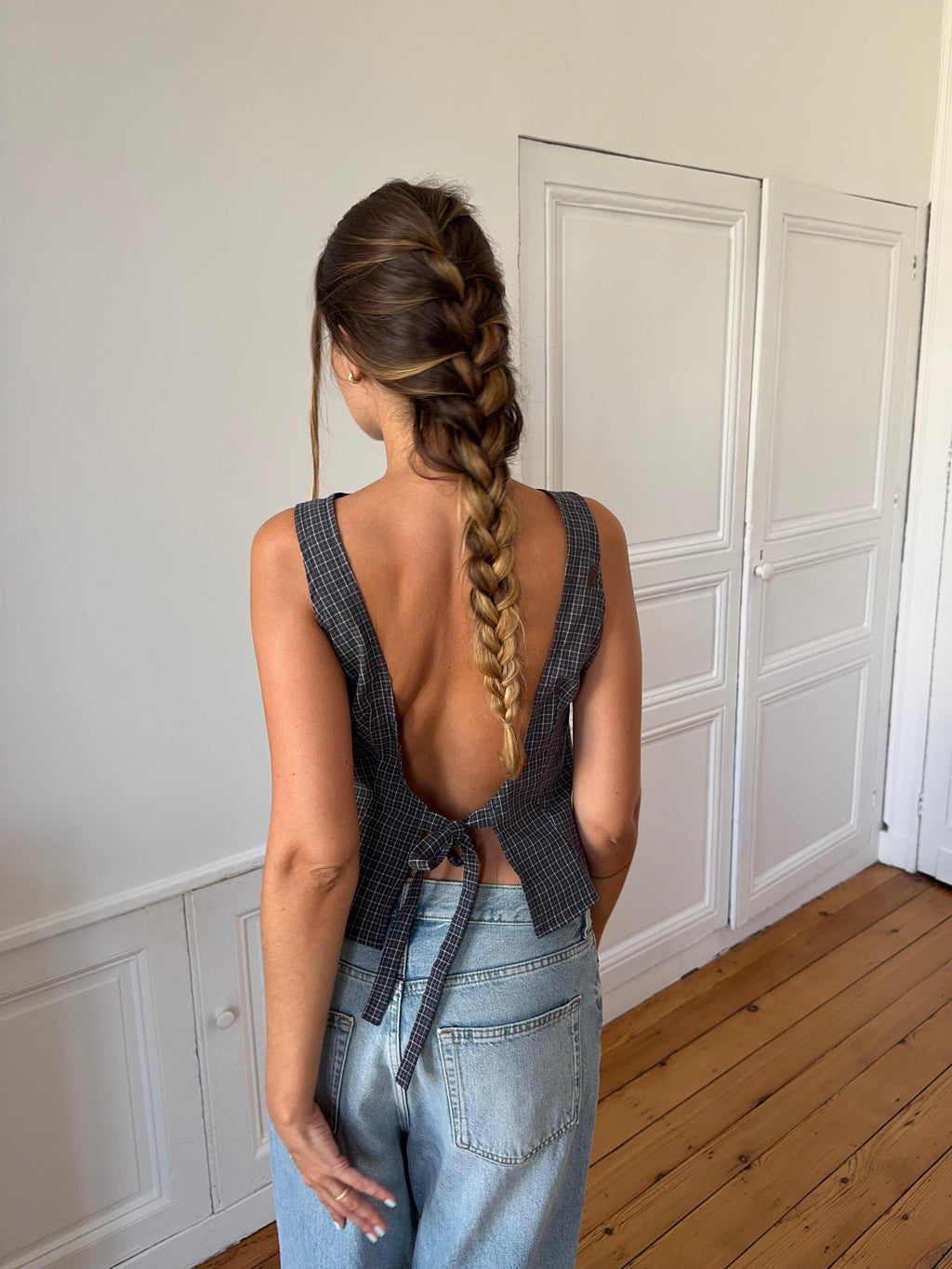 Top dos nu upcyclé à carreaux - S