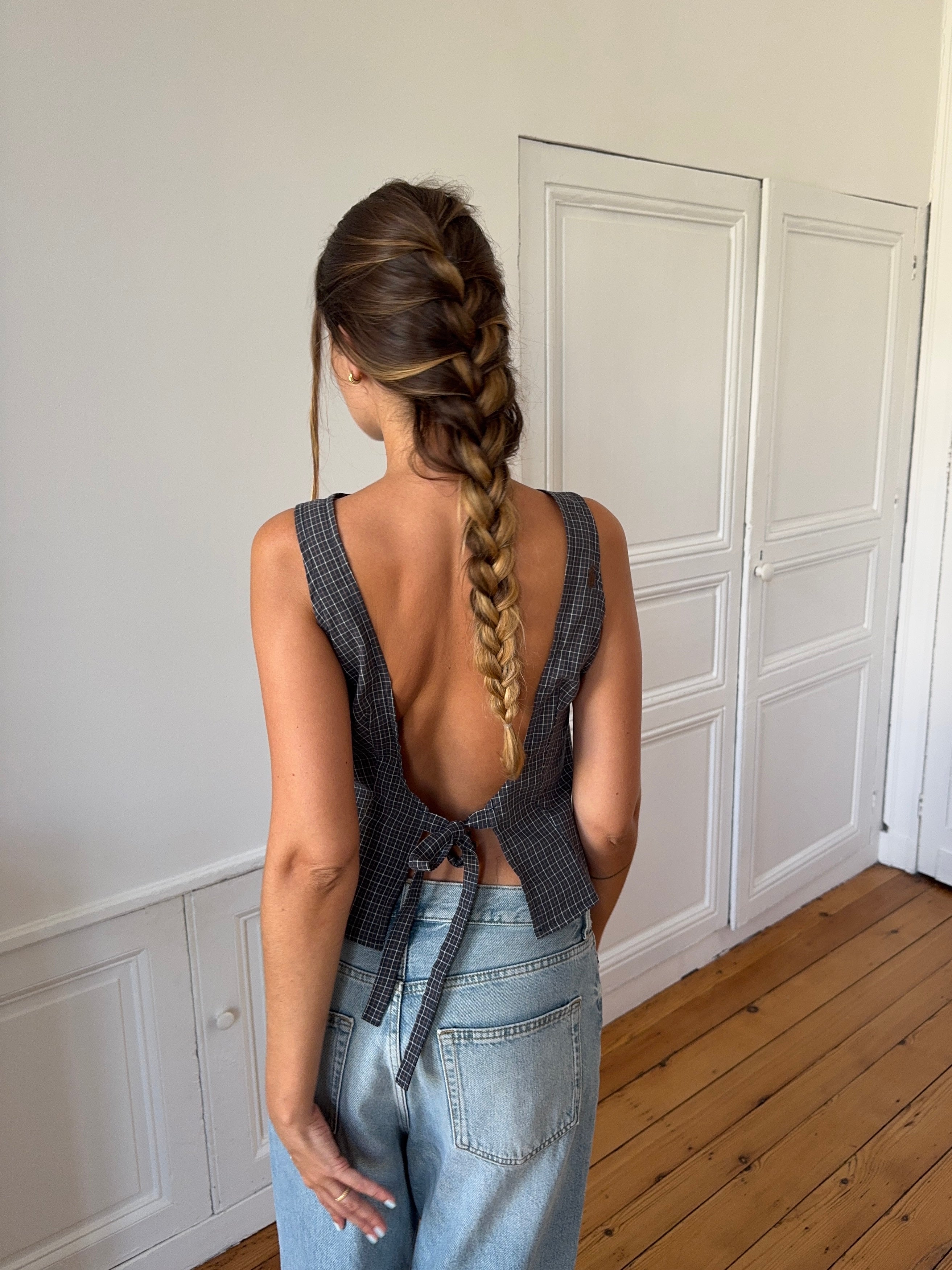 Top dos nu upcyclé à carreaux - S