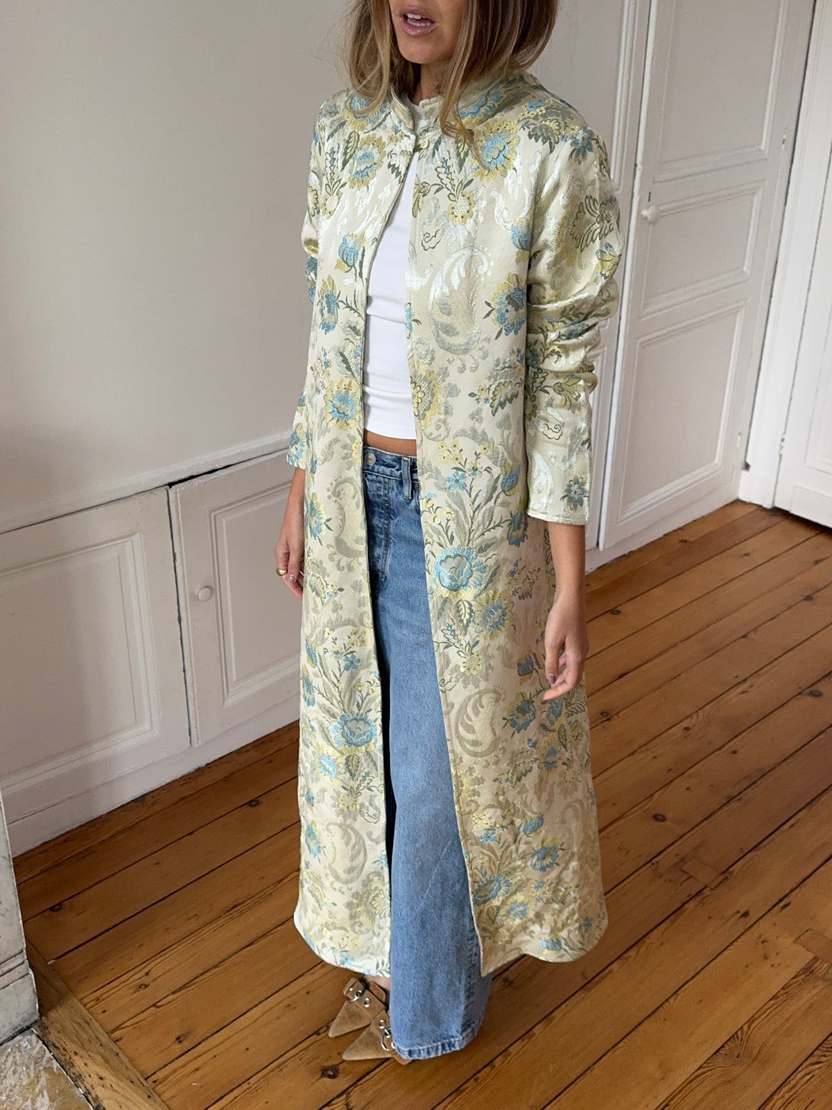 Veste longue upcyclée satinée à motifs - XS/S