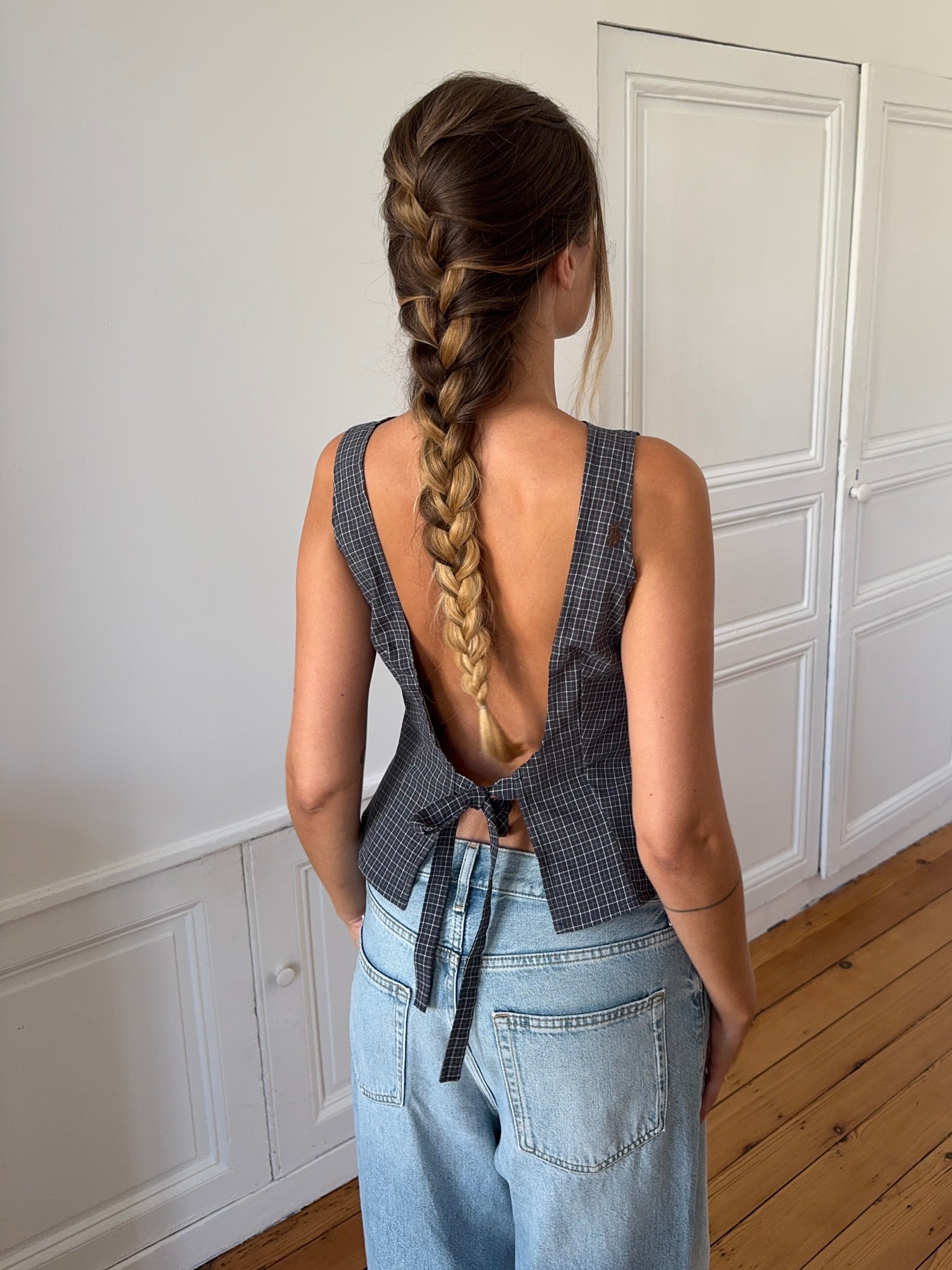 Top dos nu upcyclé à carreaux - S