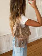 Sac upcyclé satiné marron clair et franges