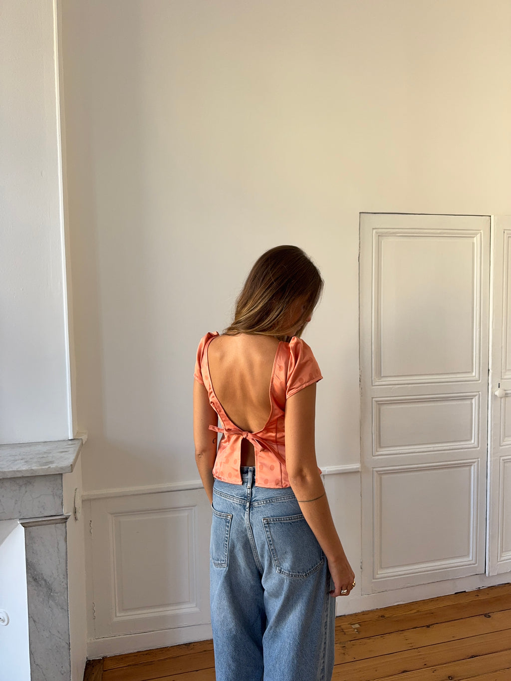 Gold satin upcycled backless top - XS