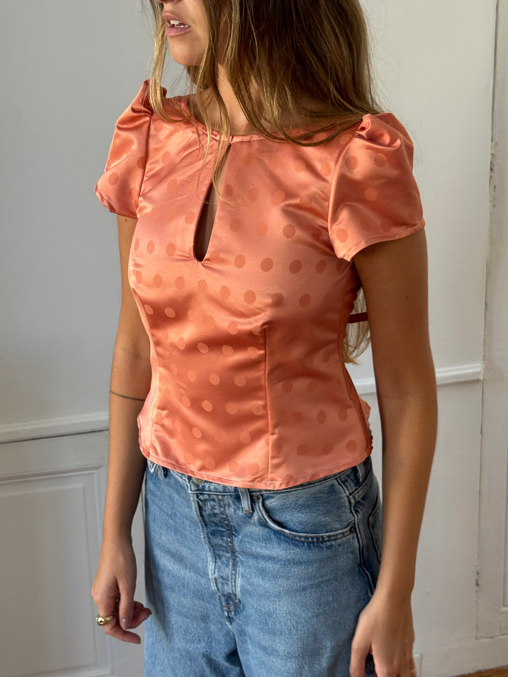 Gold satin upcycled backless top - XS