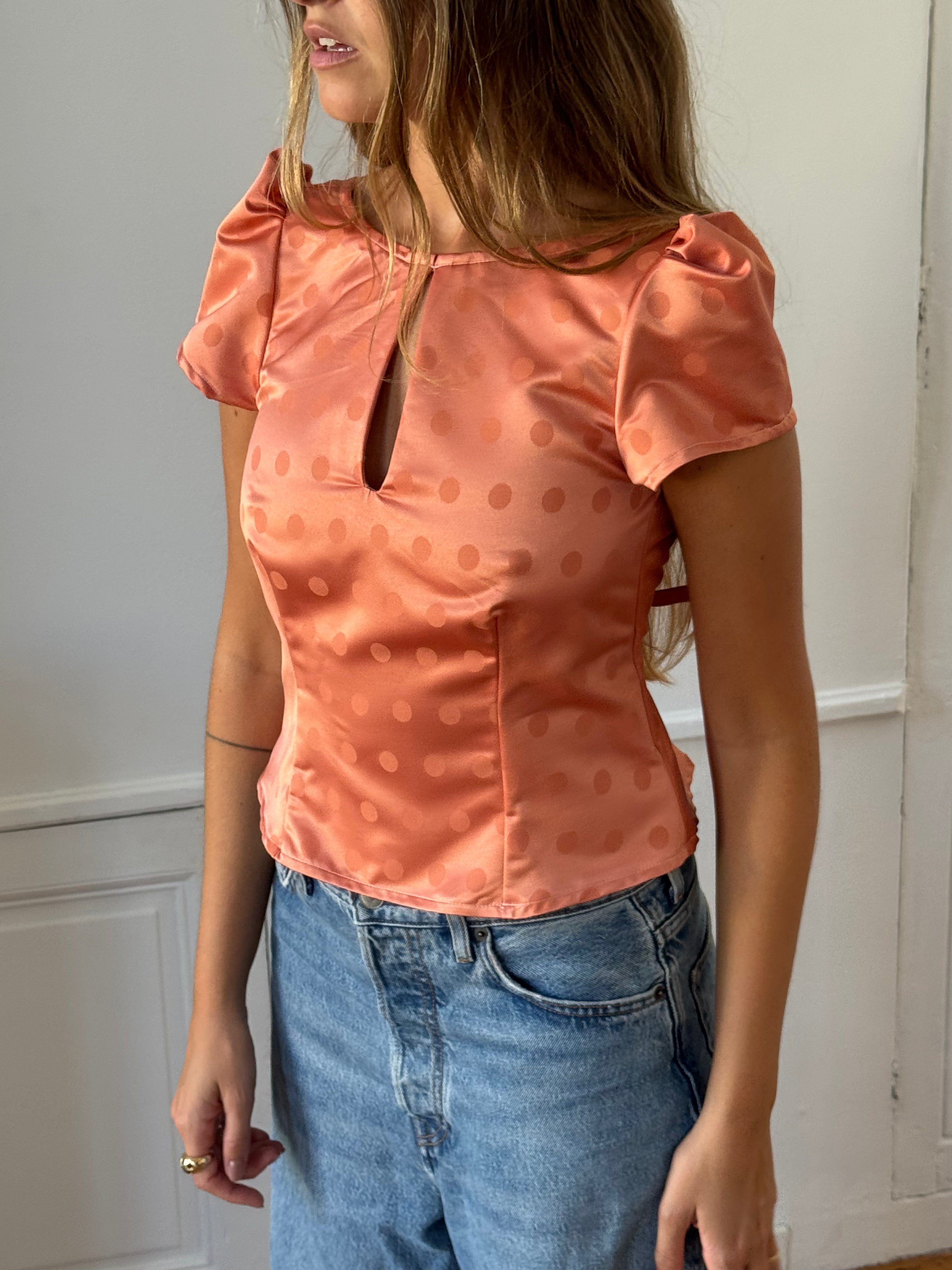Gold satin upcycled backless top - XS