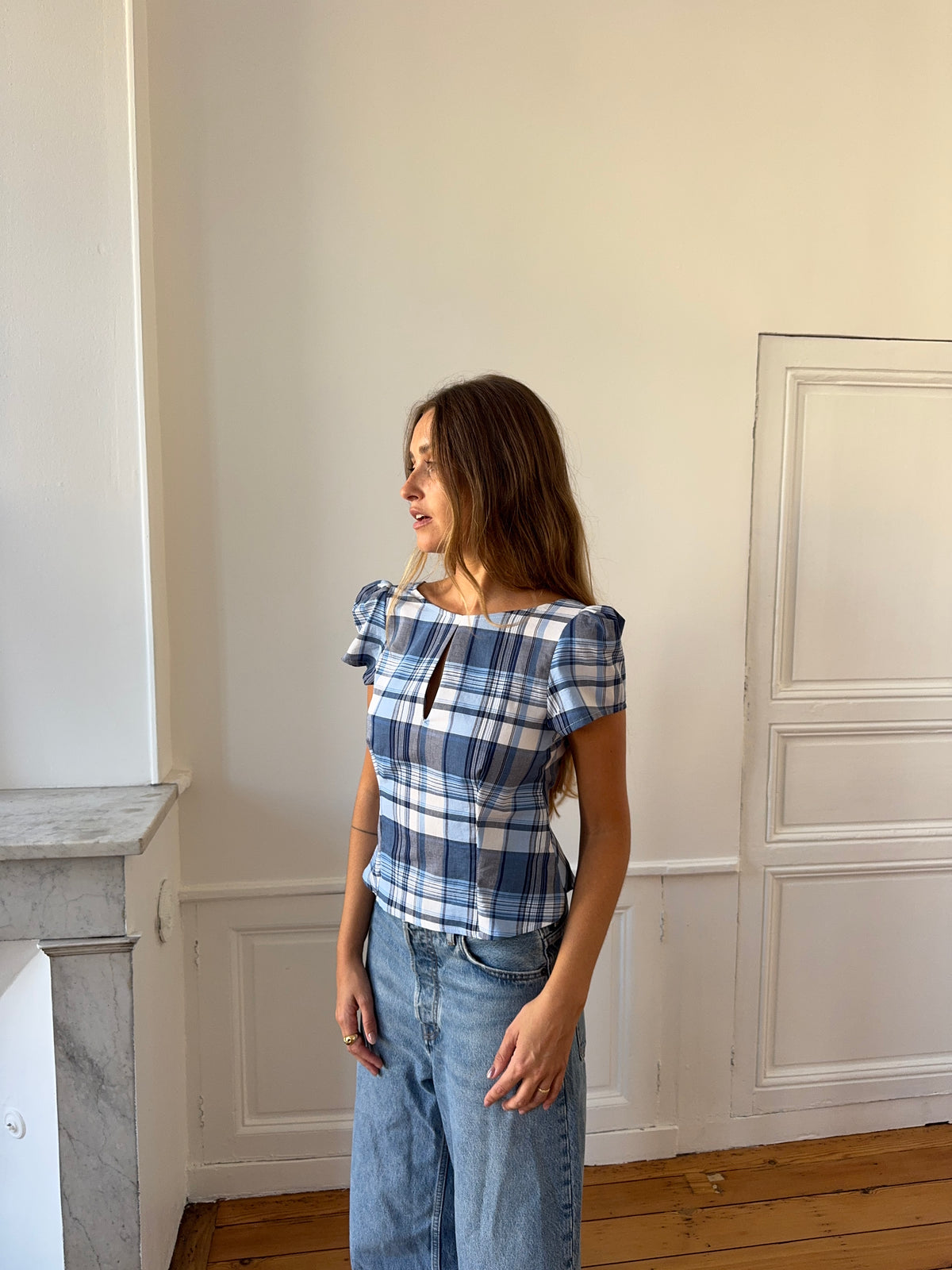 Upcycled plaid backless top - S