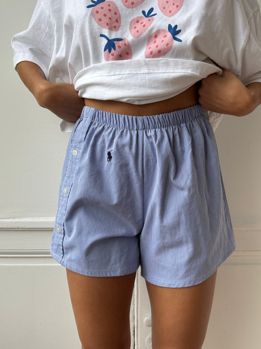 Caleçon short upcyclé à petits carreaux bleus