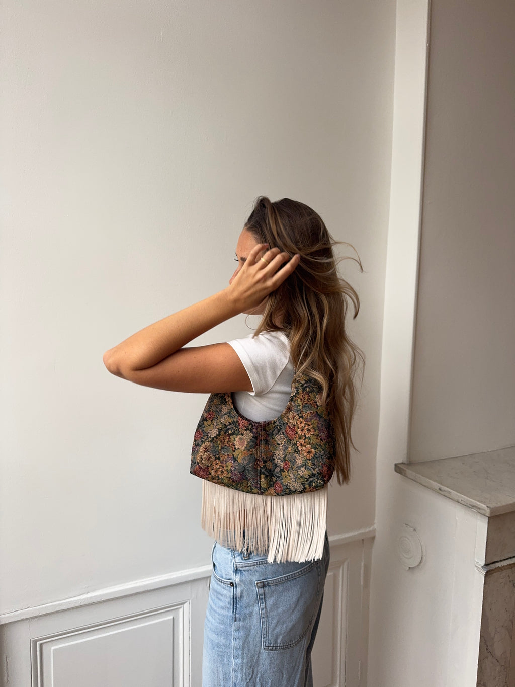 Upcycled floral bag with fringe