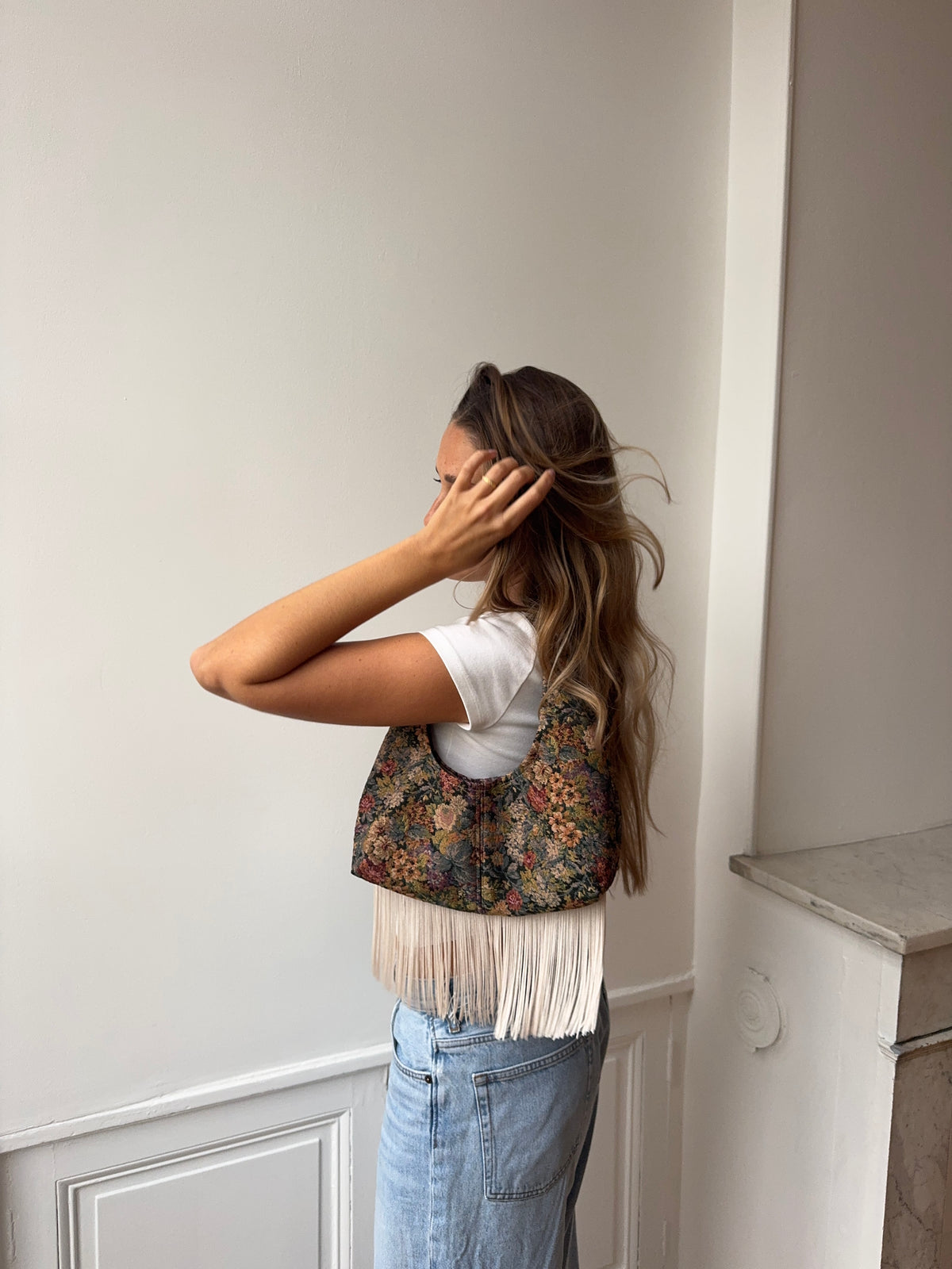 Upcycled floral bag with fringe