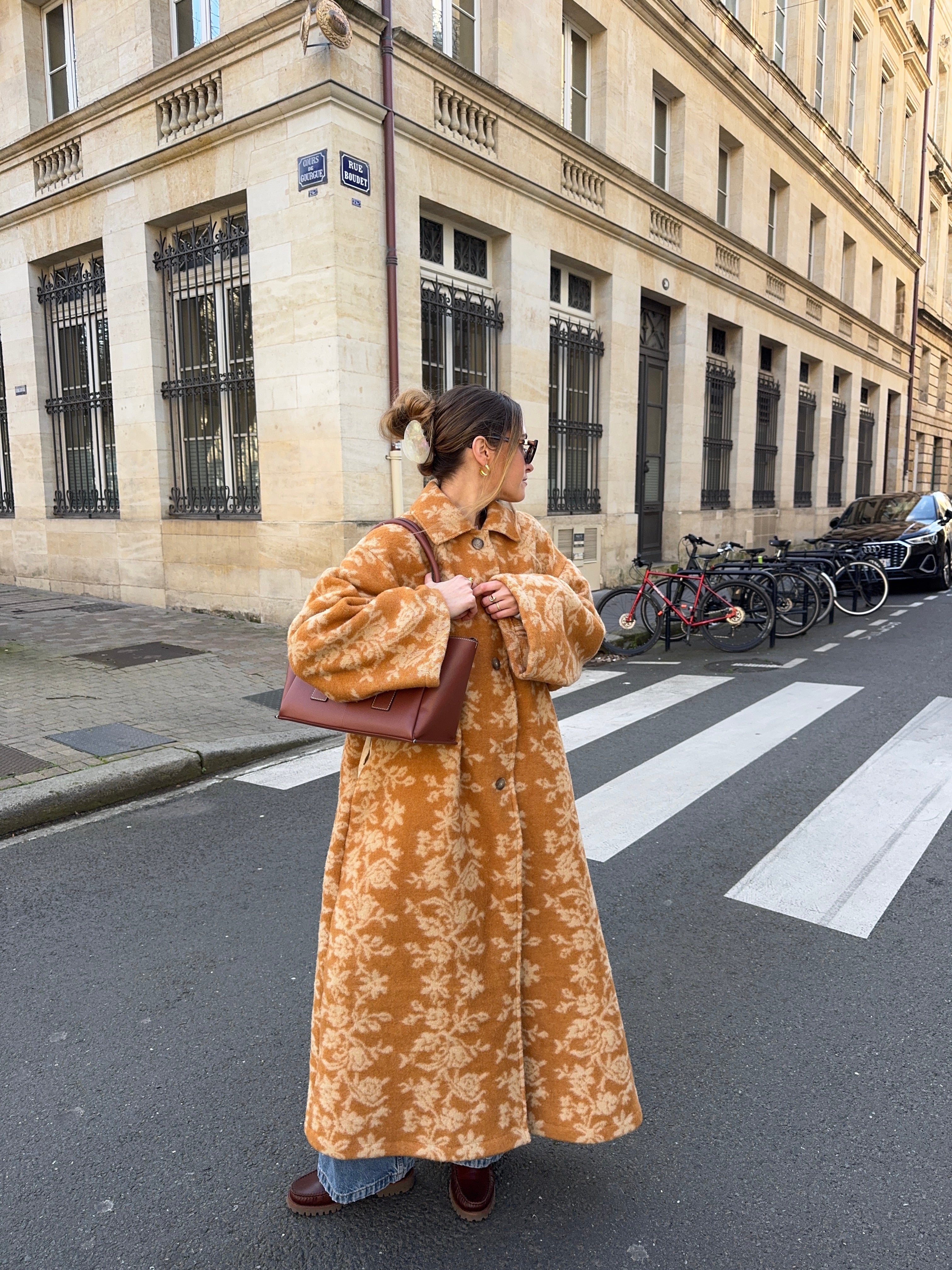 Manteau long upcyclé laine à motifs vintage