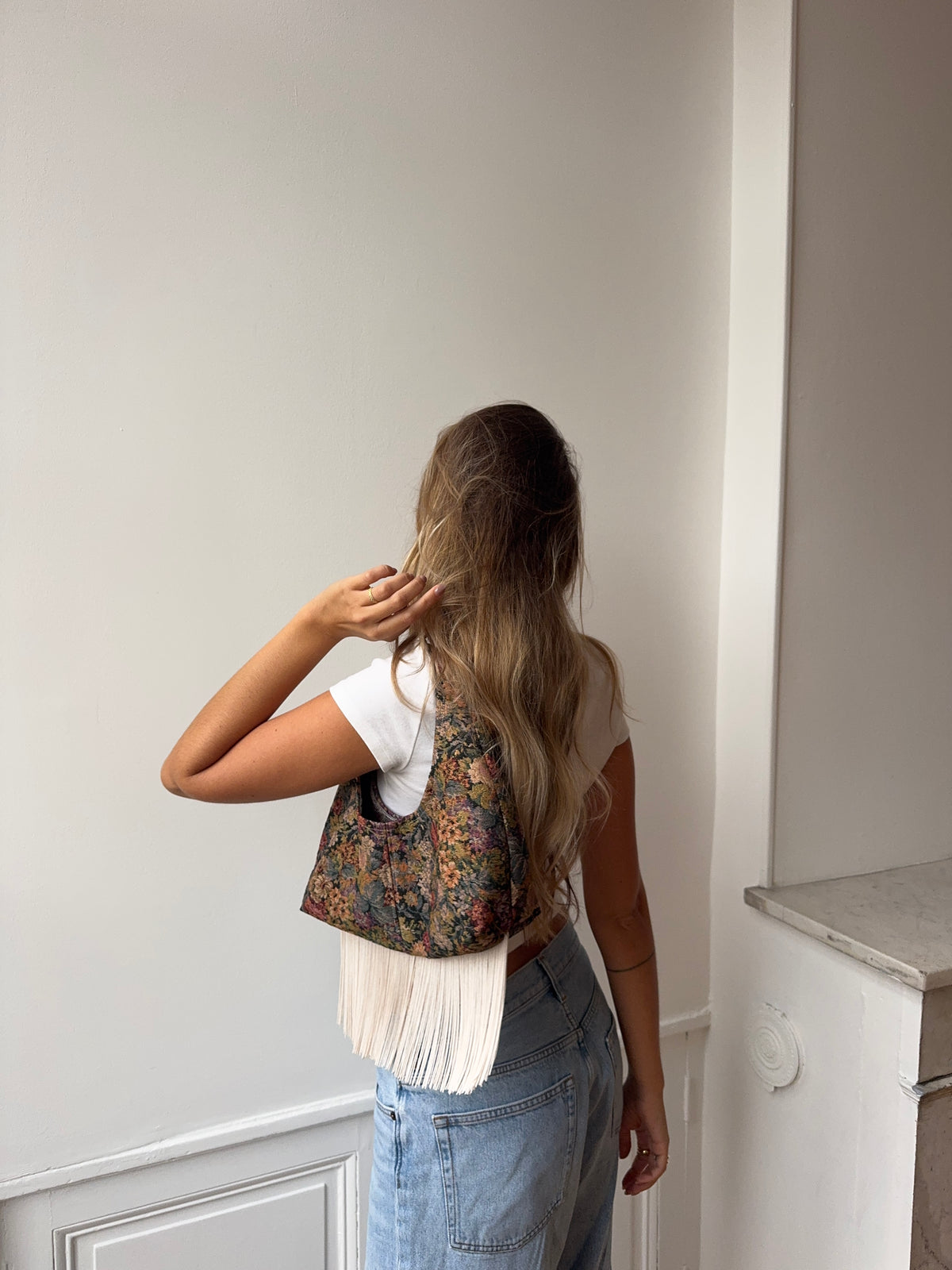 Upcycled floral bag with fringe